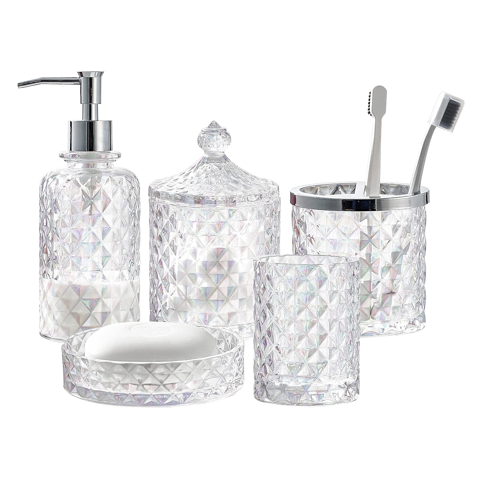 Set Of 5 Glass Bathroom Accessories Set Include Soap Dispenser & Tumbler & Soap Dish & Toothbrush Holder & Apothecary Jar(Luxuri