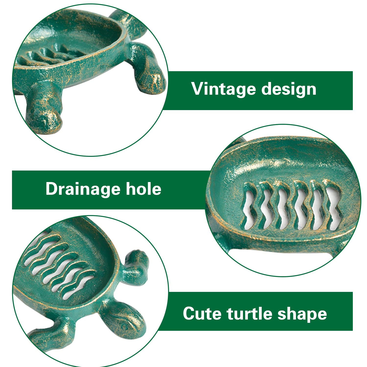 Sungmor Heavy Duty Cast Iron Drainable Soap Holder - Lovely Tortoise Shaped & Antique Green & Gold Finish - Kitchen Bathroom Sin