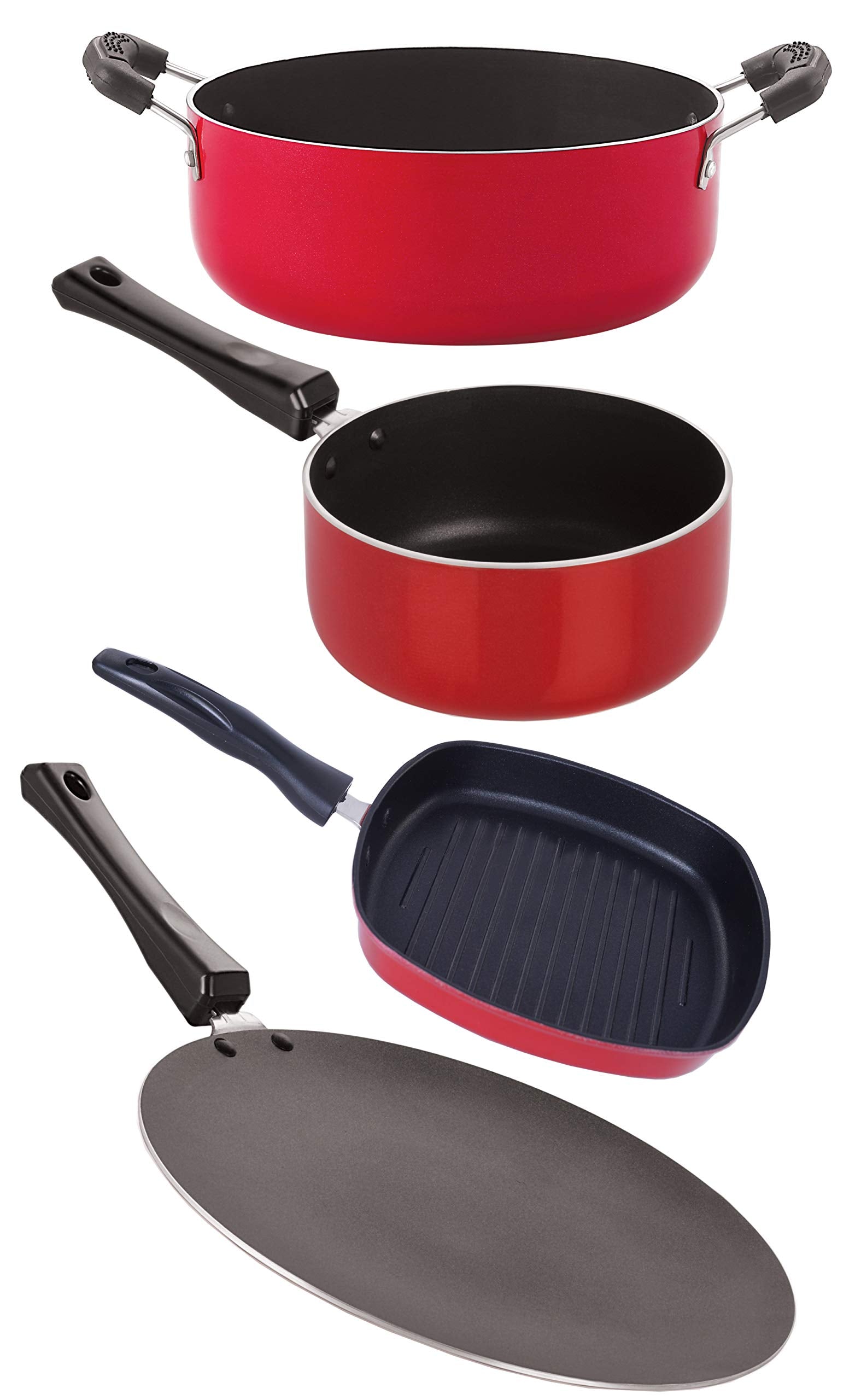 Nirlon Nonstick Pots And Pans 4 Pieces Set With Bakelite Handle (1 Concave Tawa 27.5Cm /1 Sauce Pan (B)1.8 Ltr/1 Grill Pan 24.5C