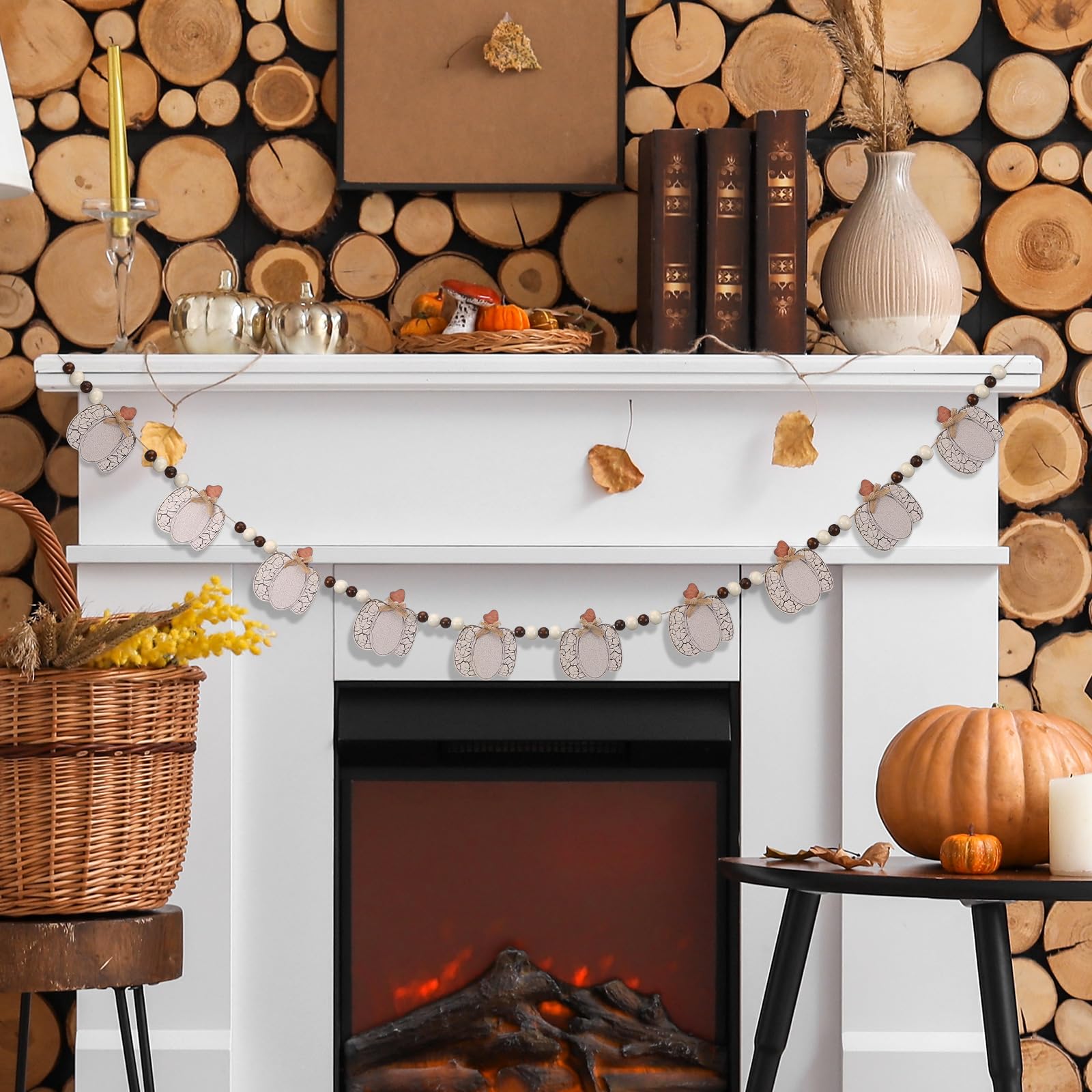 Cinnvoice 8.2 ft Fall Decorations Wooden White Pumpkin Garland Rustic Farmhouse Wood Bead Garland Cracked Pumpkin Thanksgiving B