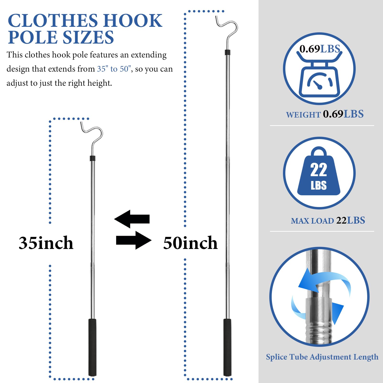 Greeily Clothes Hook Pole, Clothes Hanger Reaching Hook For Hanging Clothes Light And Plants Extendable From 35'' To 50'' Made O
