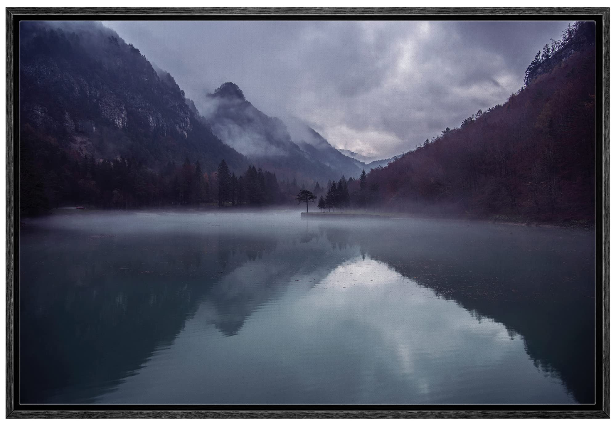 Wall26 Framed Canvas Print Wall Art Dark Blue & Purple Misty Mountain Reflections Nature Wilderness Photography Modern Art Rusti