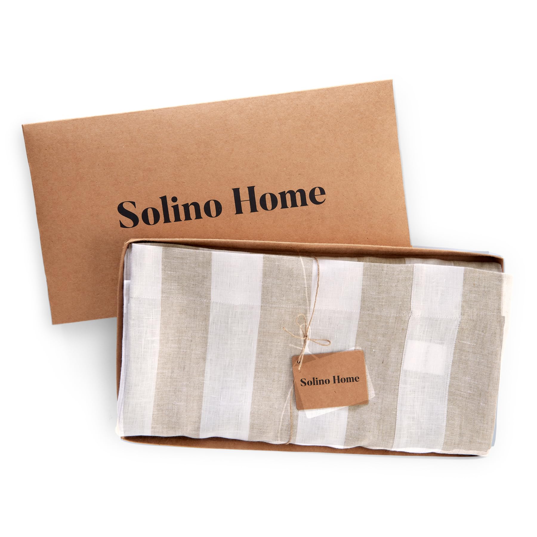 Solino Home Cabana Stripe Linen Tablecloth 120 '' L X 60 '' W Inch - 100% Pure Linen Natural And White Tablecloth - Machine Wash