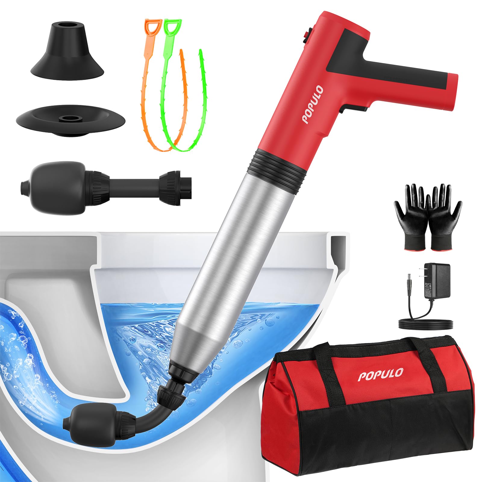 Populo Electric Toilet Plunger - Swift High-Pressure Drain Unclogger | Plungers For Bathroom, Floors, Shower Heavy Duty | Versat