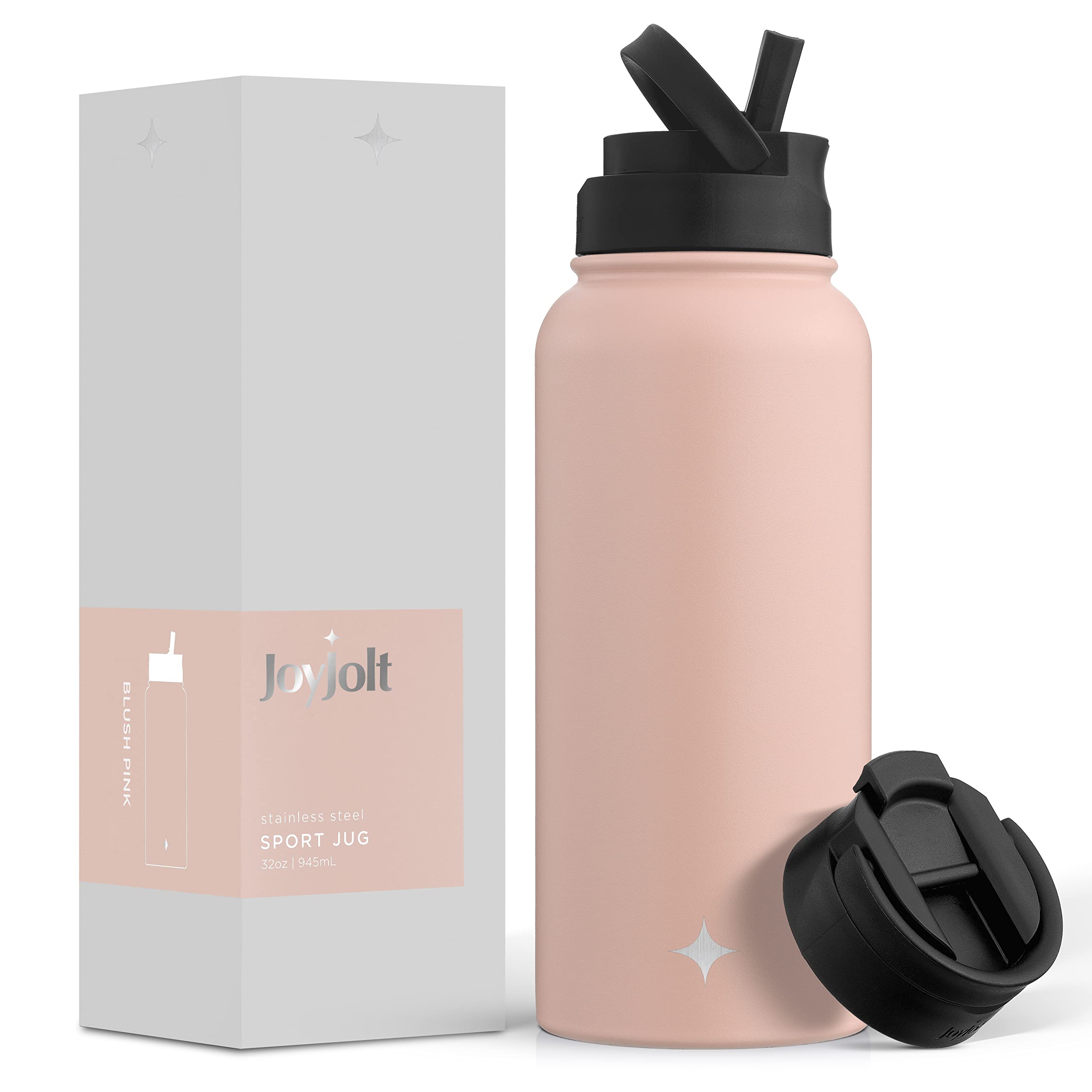 JoyJolt Triple Insulated Water Bottle with Straw Lid AND Flip Lid! 32oz, 12 Hour Hot/Cold Vacuum Insulated Stainless Steel Large