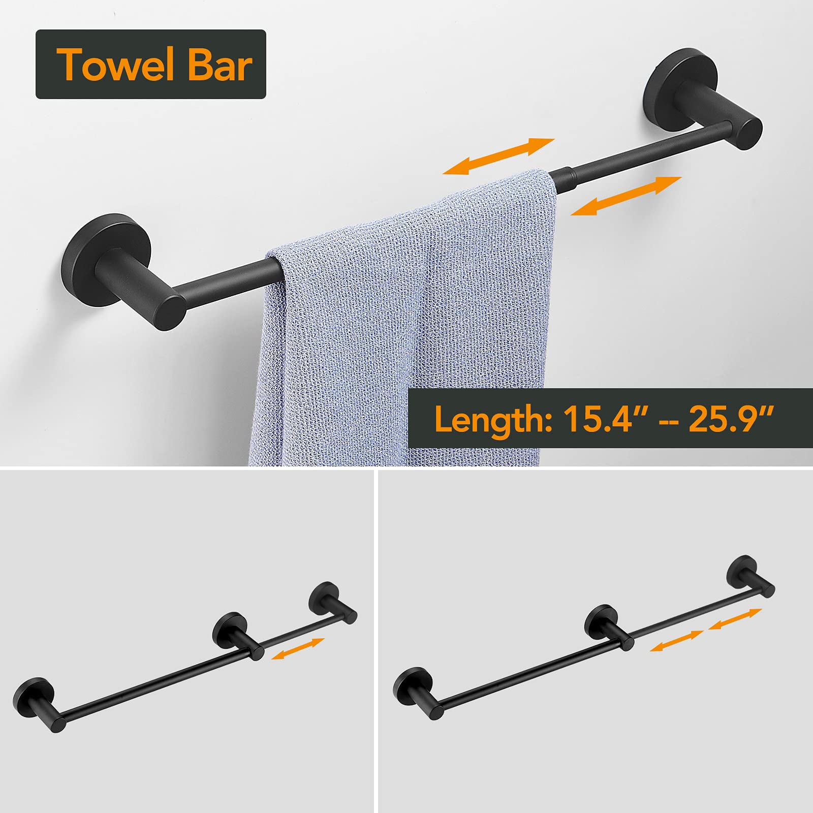 BESy 4 Piece Bathroom Accessories Set (Adjustable 16 to 26 Inch Towel Bar Rod  Towel Ring  Toilet Paper Holder Towel Hook)  Wall Mounted Bath Hardware Fixtures Set Stainless Steel/Matte Black