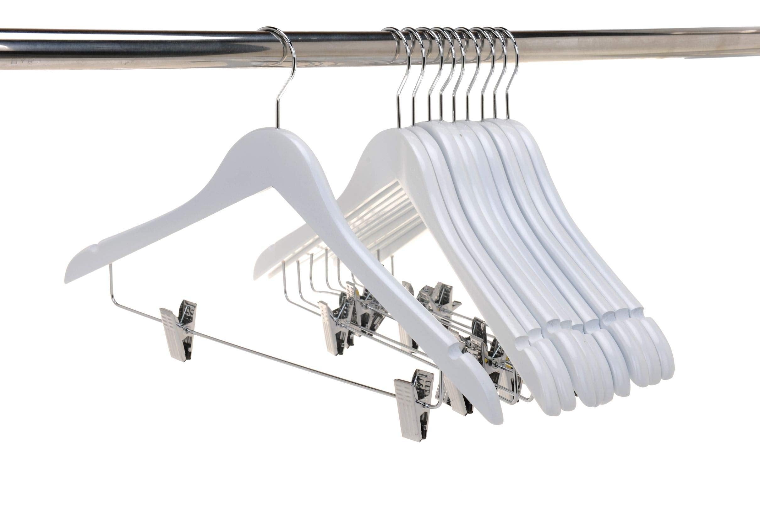Quality Wooden Skirt Hangers With Clips, 20-Pack Semi Curved, Smooth Solid Wood Pants Hangers With Durable Adjustable Metal Clip