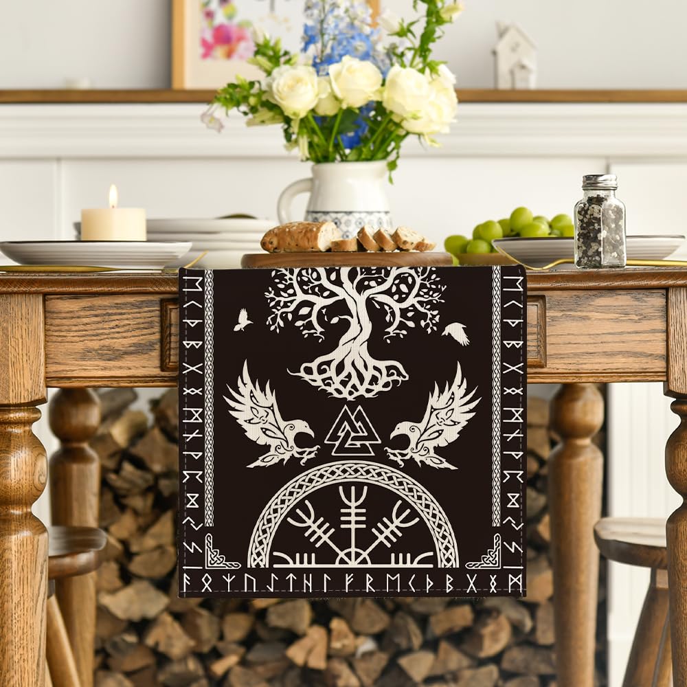 Artoid Mode Black Viking Tree Of Life Raven Helmet Of Awe Table Runner, Seasonal Kitchen Dining Table Decoration For Home Party