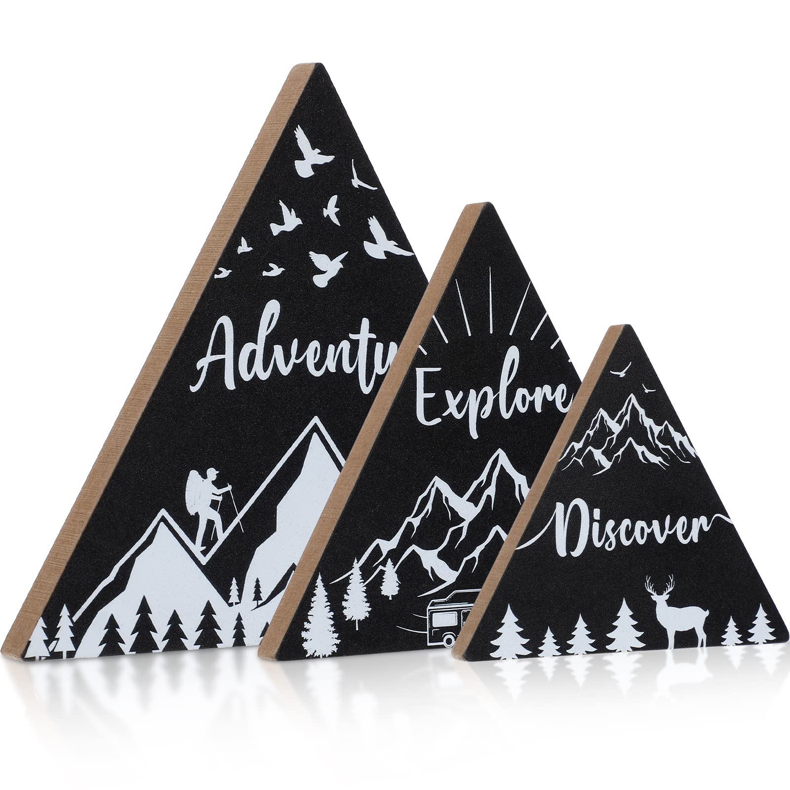 Jetec 3 Pcs 3 Size Wooden Mountain Sign for Cabin, Rustic Mountain Wall Decor, Adventure Camping Cabin Decor Sign for Living Roo