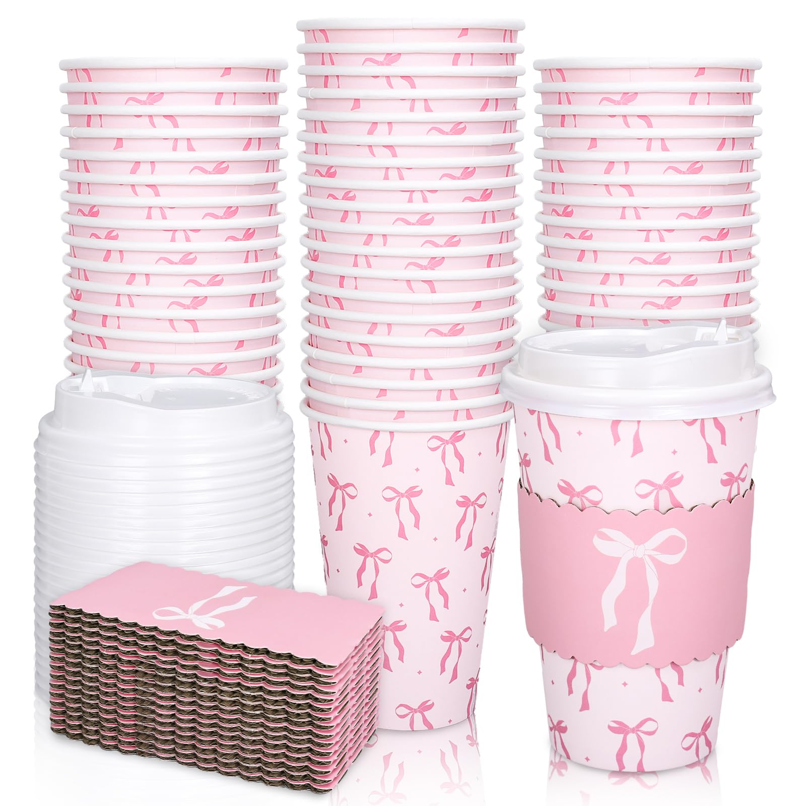Whaline 50 Set Pink Bow Disposable Coffee Cups With Lids And Sleeves Valentine'S Day Coquette Bowknot Paper Drinking Cups For We