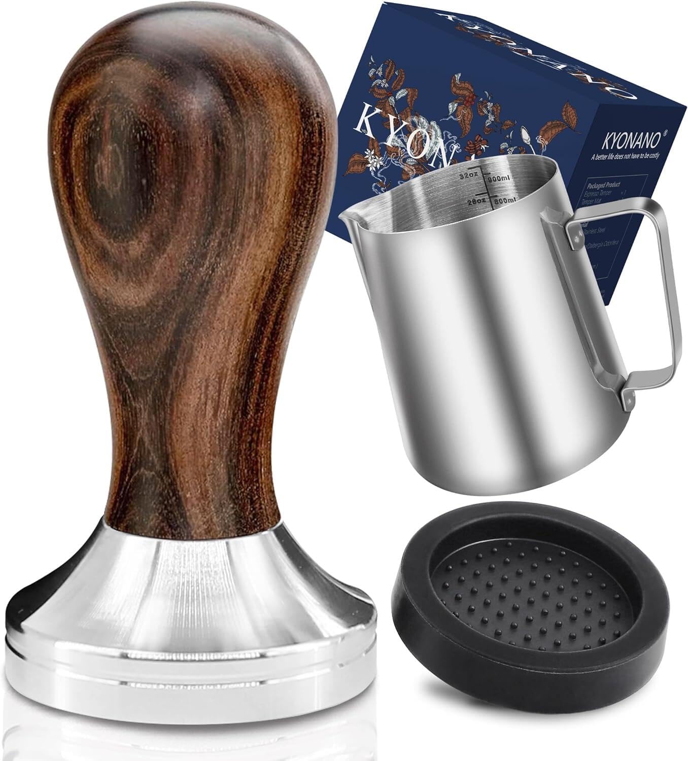 Kyonano Espresso Tamper 51Mm - Tamper With Chacate Preto Wood Handle -Coffee Tamper Espresso Press Plus Free Milk Frothing Pitch