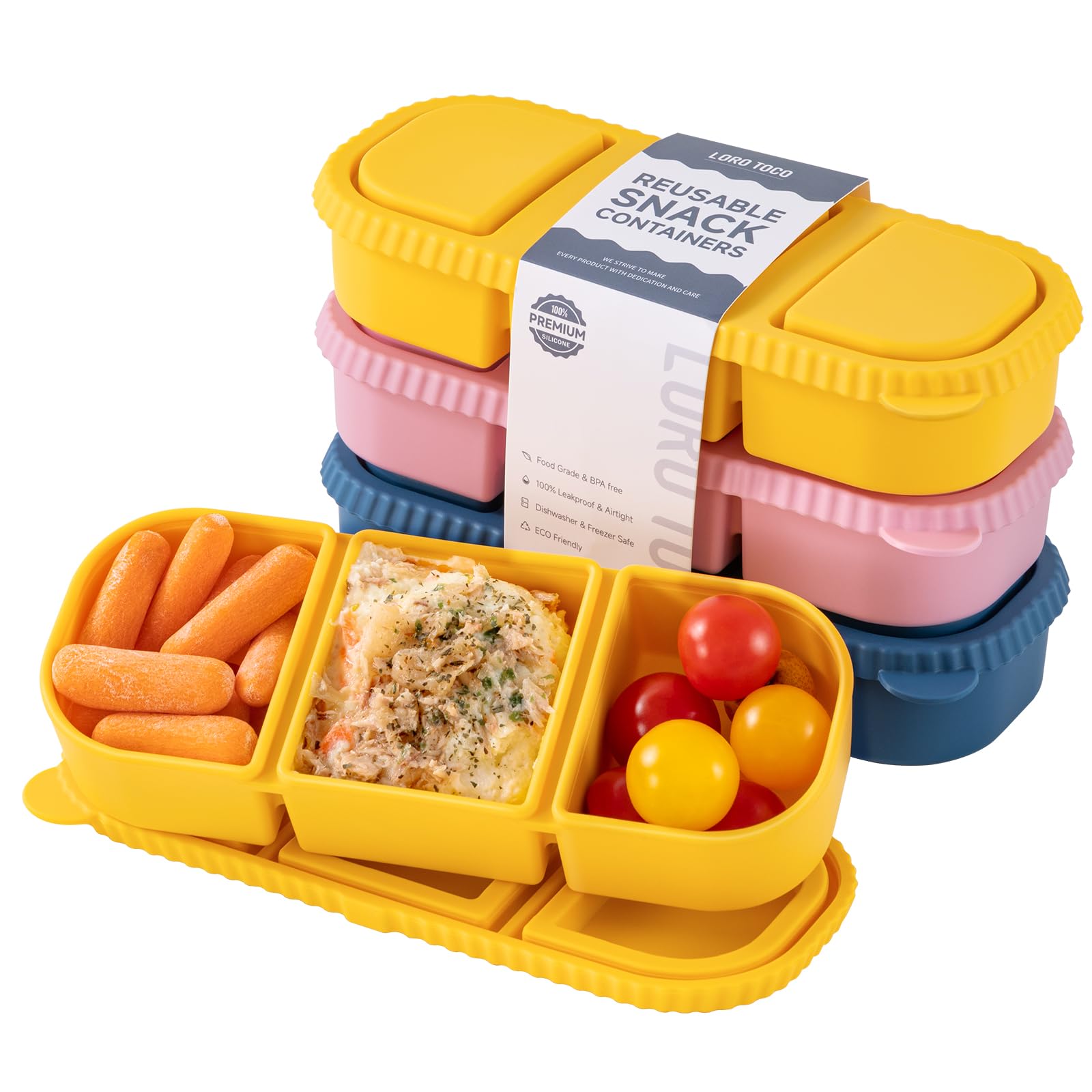 Lorotoco 4 Pack Silicone Reusable Snack Containers With Lids - 8 Oz Double Compartment Snackle Box For Kids & Adults, Bpa-Free &