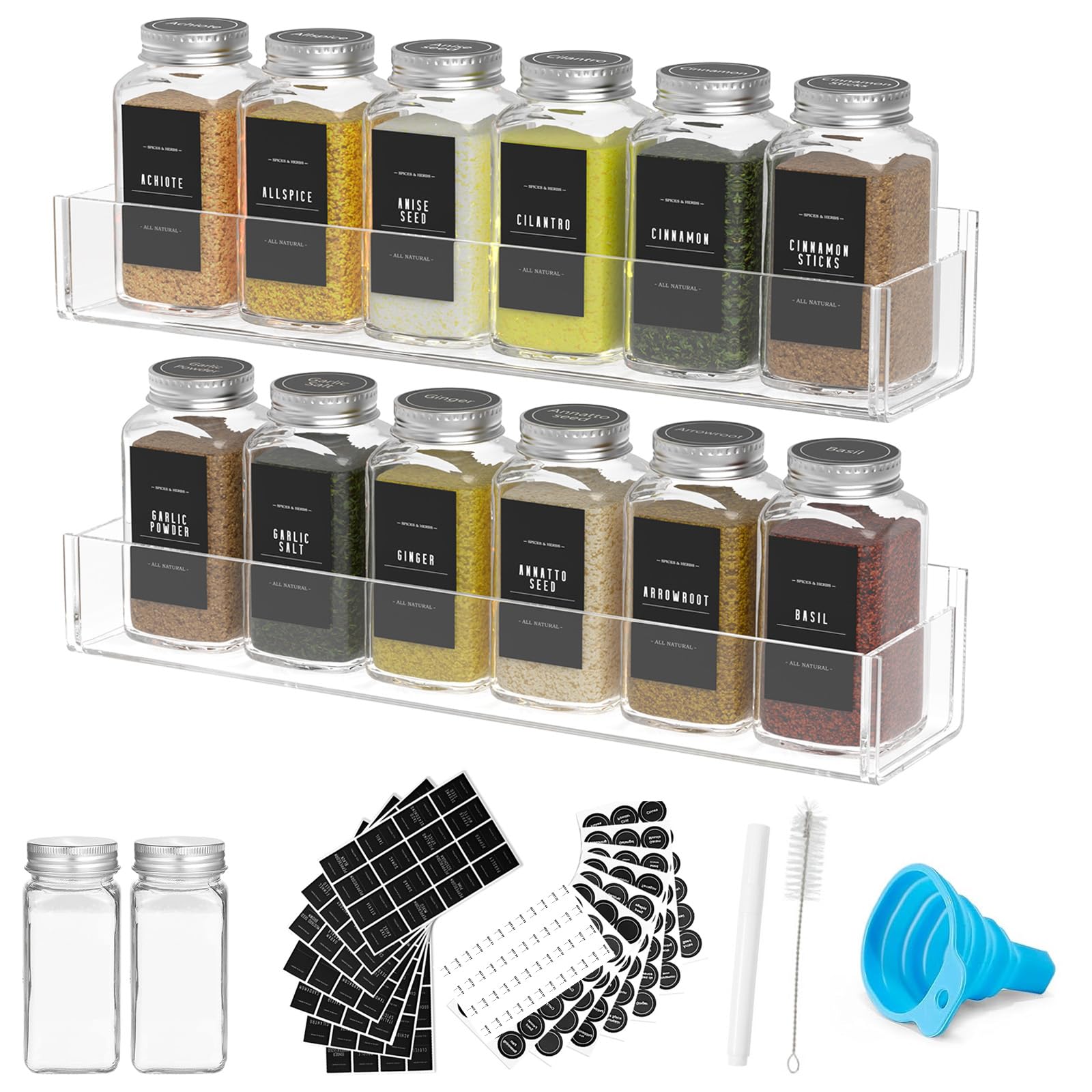 PMMASTO Adhesive Acrylic Spice Rack Organizer with 12 Empty Square Spice Jars, 238 Spice Labels with Chalk Marker and Funnel Com