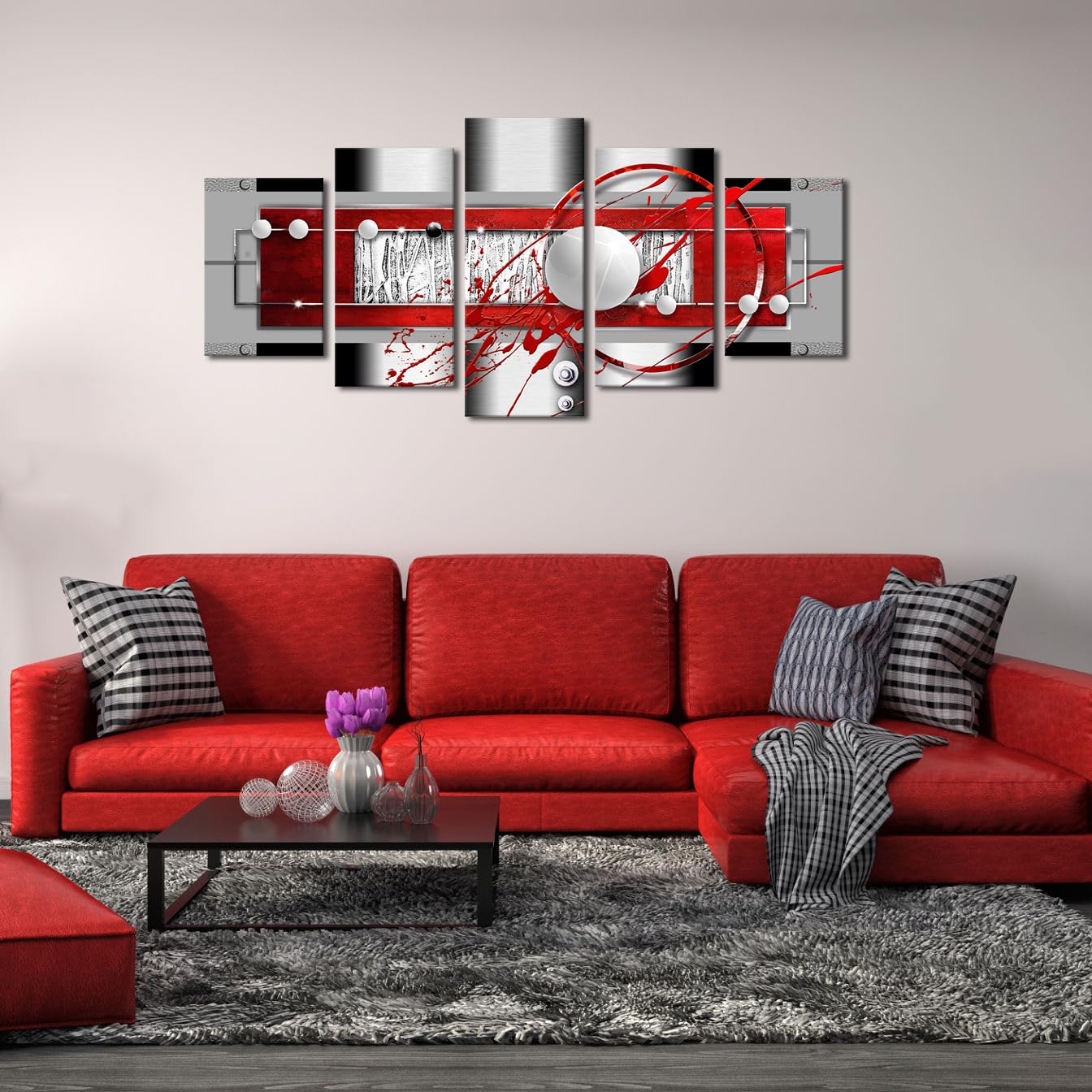 Awlxphy Decor Abstract Canvas Wall Art Red Black Grey For Living Room Decor 5 Pieces Framed Painting Modern Simple Circle Round