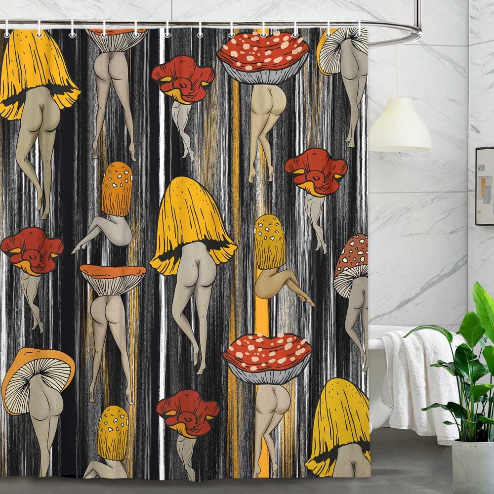 Lacoiime Funny Mushroom Shower Curtain, Cool Black Gold Gray Mushrooms Butt Shower Curtains For Bathroom Cute Fabric 70S Hippie