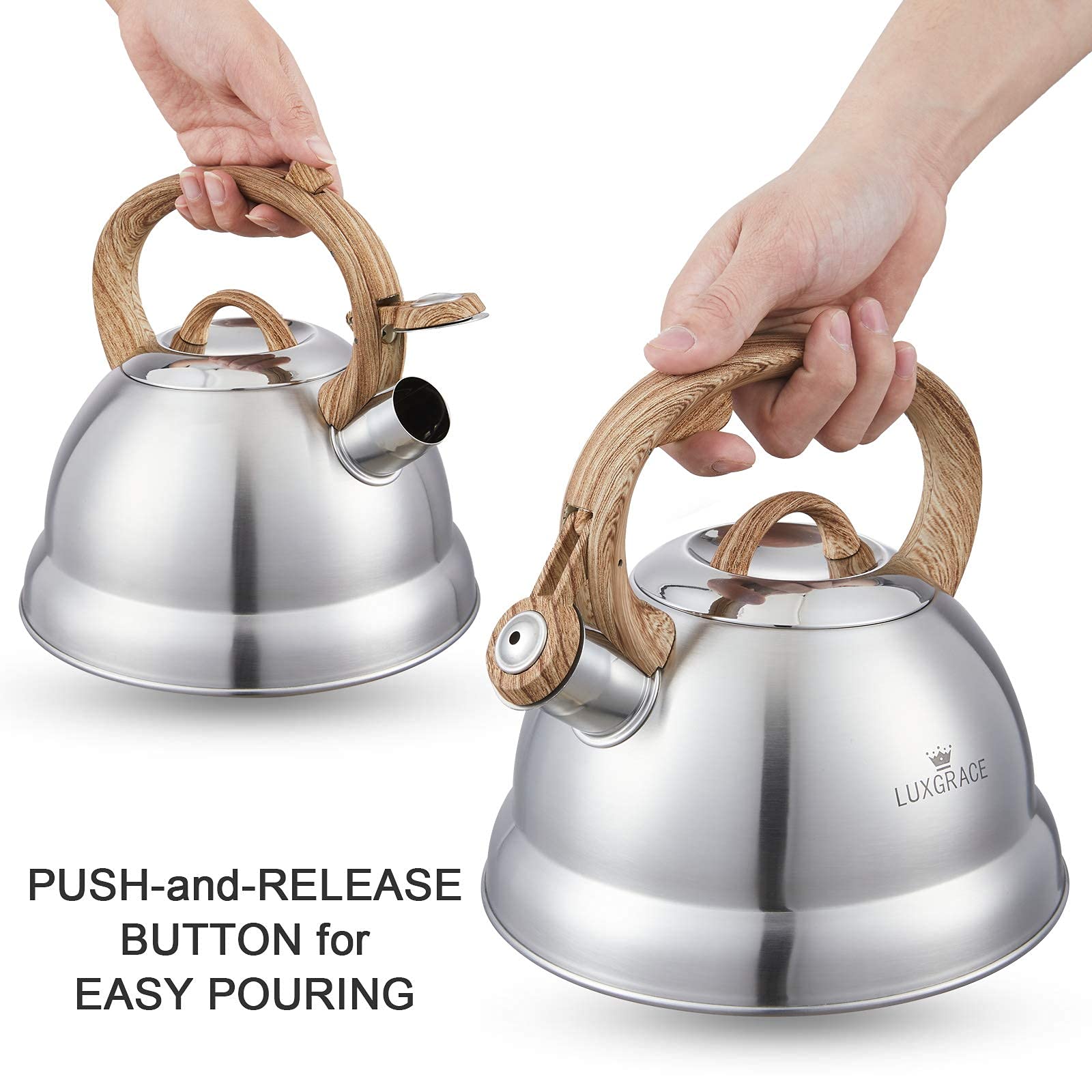 LUXGRACE Stainless Steel Whistling Tea Kettle, 2.3 Qt, Ergonomic Wood Handle, Satin Finish, Model 11268