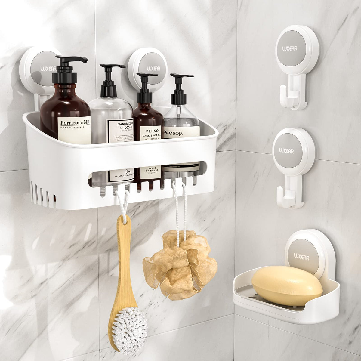 Luxear 4 Packs Shower Caddy Suction Cup Set - Shower Shelf+Soap Dish+Suction Hooks - 1 Second Installation No-Drilling Removable