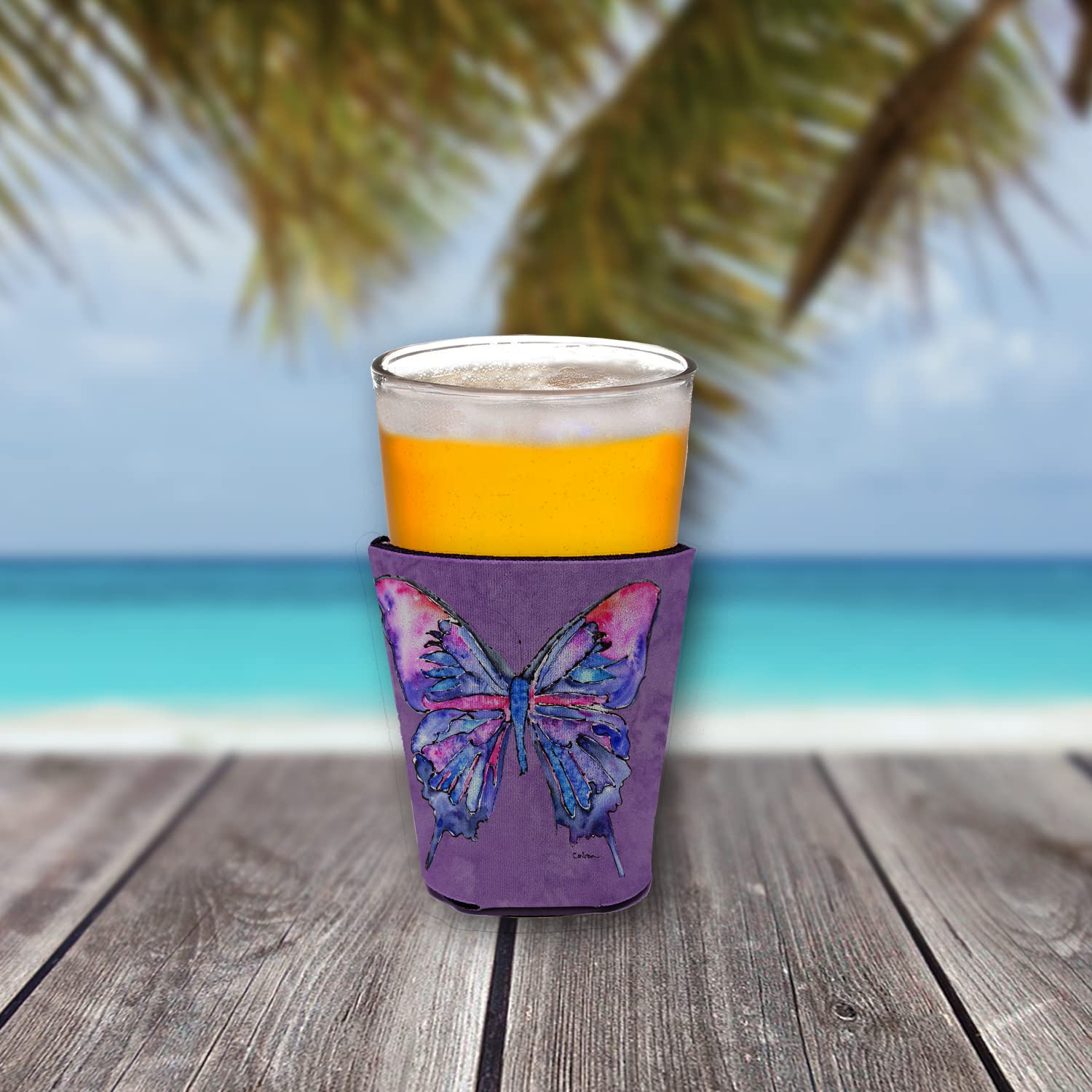 Butterfly on Purple Red Solo Cup Beverage Insulator Hugger