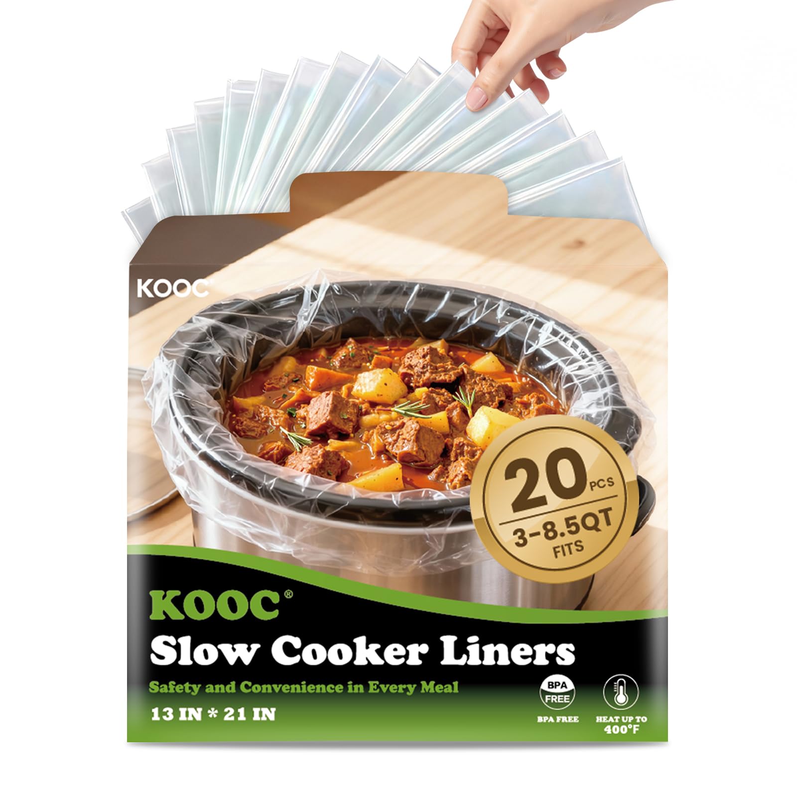 KOOC Slow Cooker Liners, 20 count 13 x 21 Large Size Cooking Bags Fits 3-8 Quart Pots, Disposable Pot Liners Suitable for Oval &