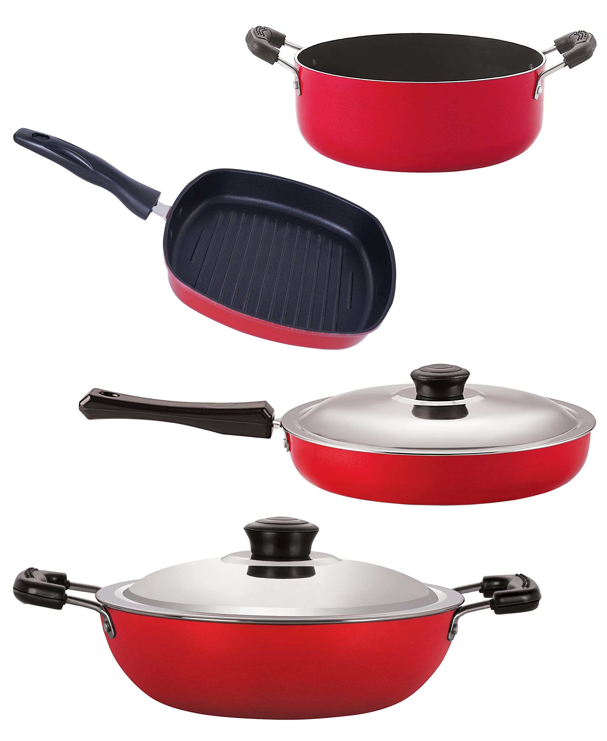 Nirlon Non Stick Aluminium Heat Resistance Cookware Set Of 4 Pieces With Bakelite Handle (Fp10_Dkd(B)_Gp22.5_Cs24)