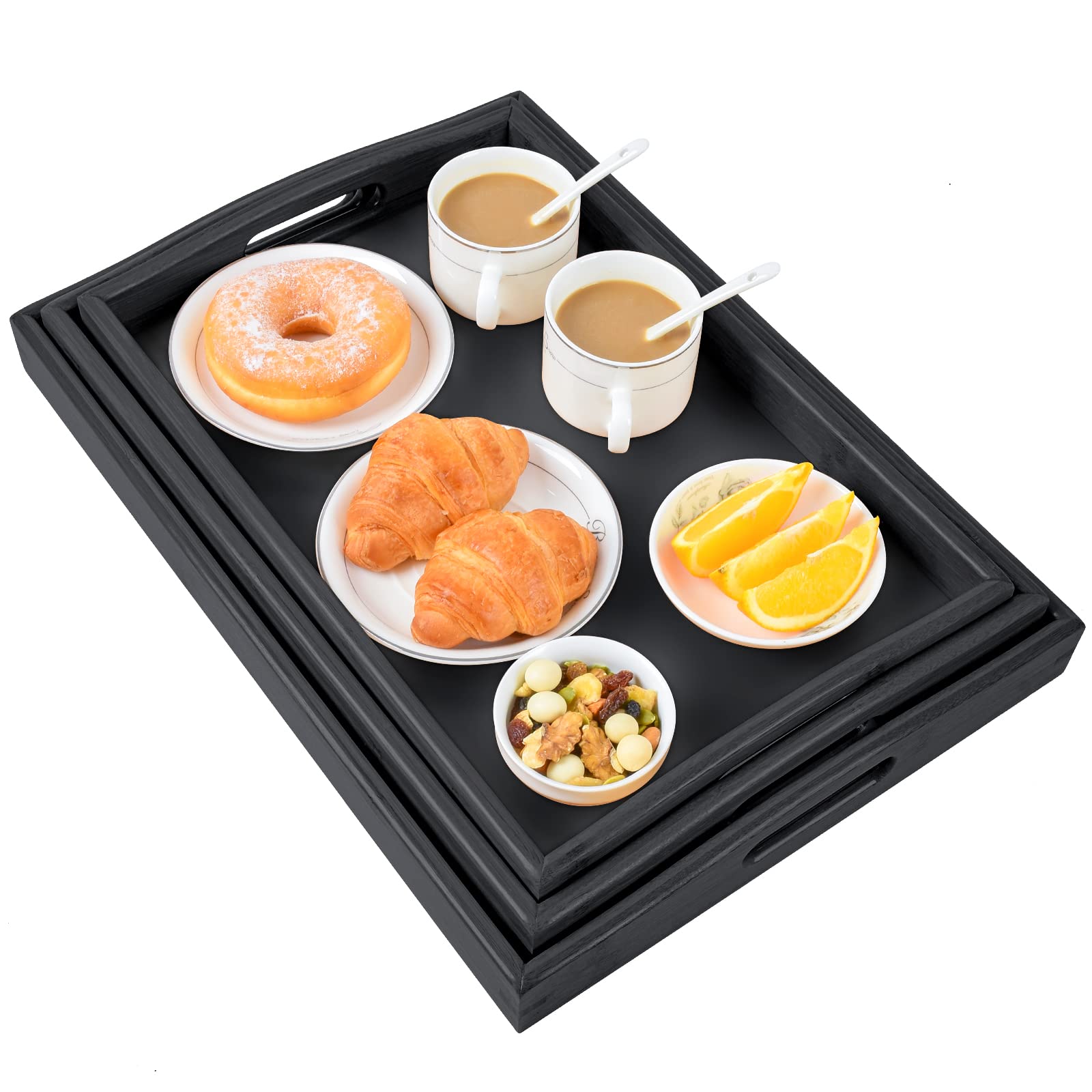 Akkajj Bamboo 3 Pack Serving Tray Kitchen Food Tray With Handles Serving Platters Tray Great For Dinners Party,Tea Bar, Table Br