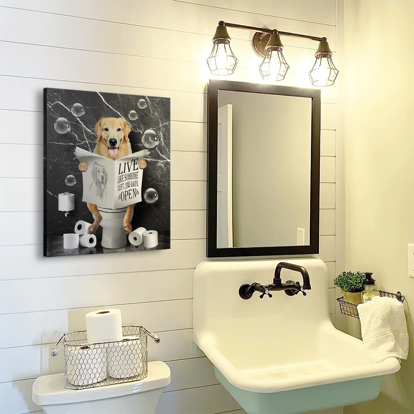 Golden Retrievers In Toilet Bathroom Wall Art Funny Bathroom Pictures Wall Decor Farmhouse Dog Bathroom Painting For Toilet Bath