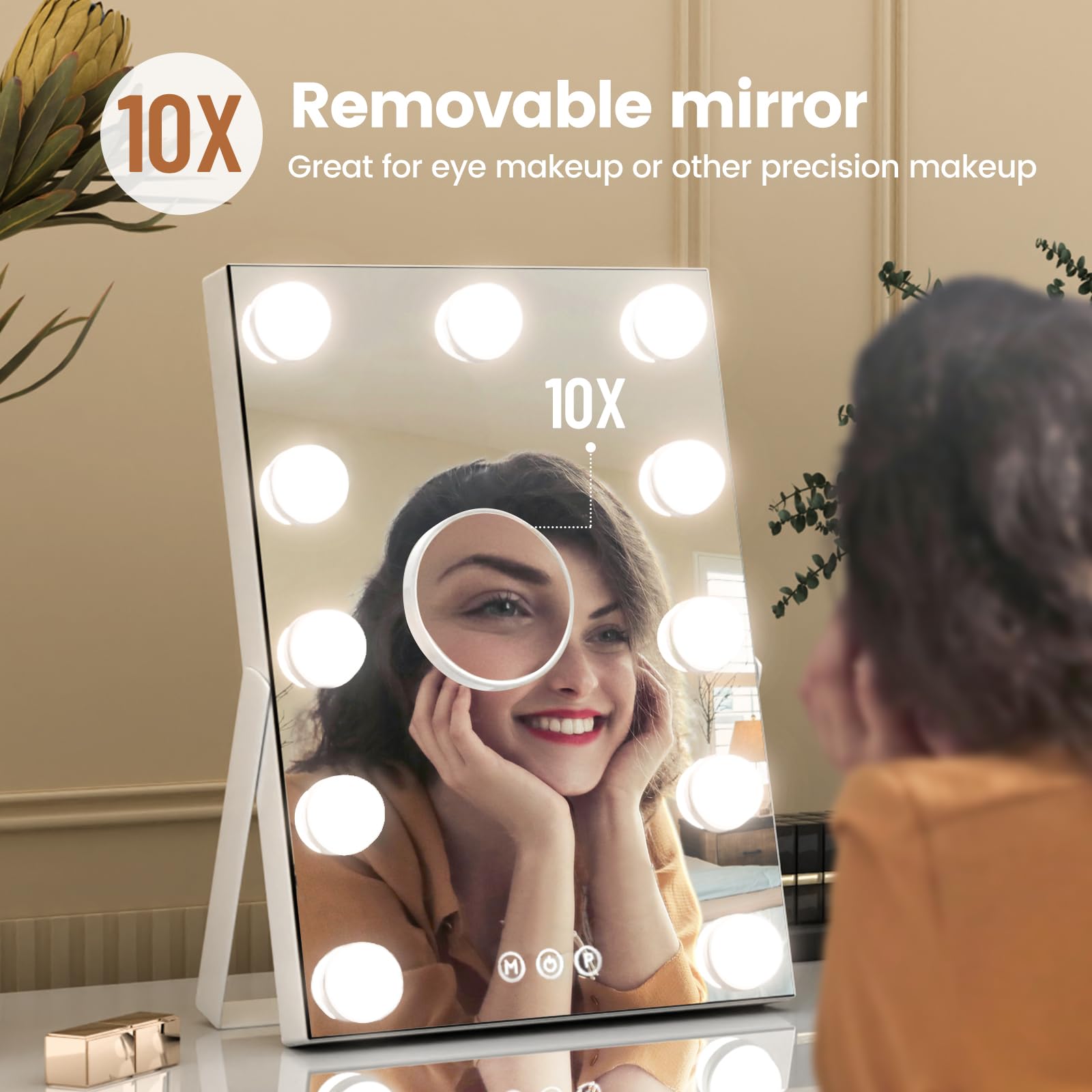 Ajjssa Hollywood Vanity Mirror, 11''X 14'' Hollywood Lighted Makeup Mirror With Detachable 10X Magnification & 11Dimmable 3 Colo