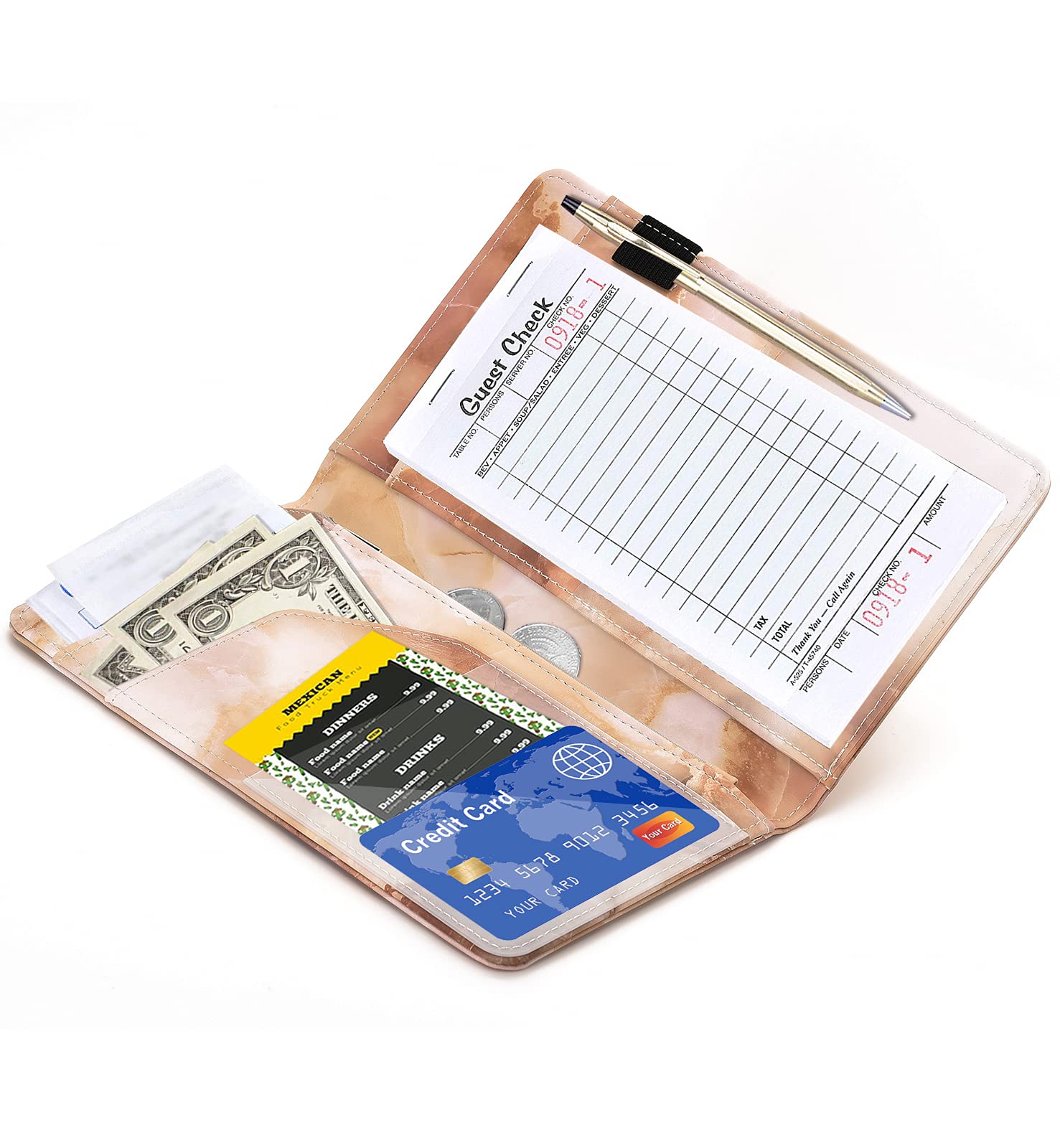 Server Books For Waitress - Marble Texture Leather Waiter Book Server Wallet With Zipper Pocket, Cute Waitress Book&Waitstaff Or