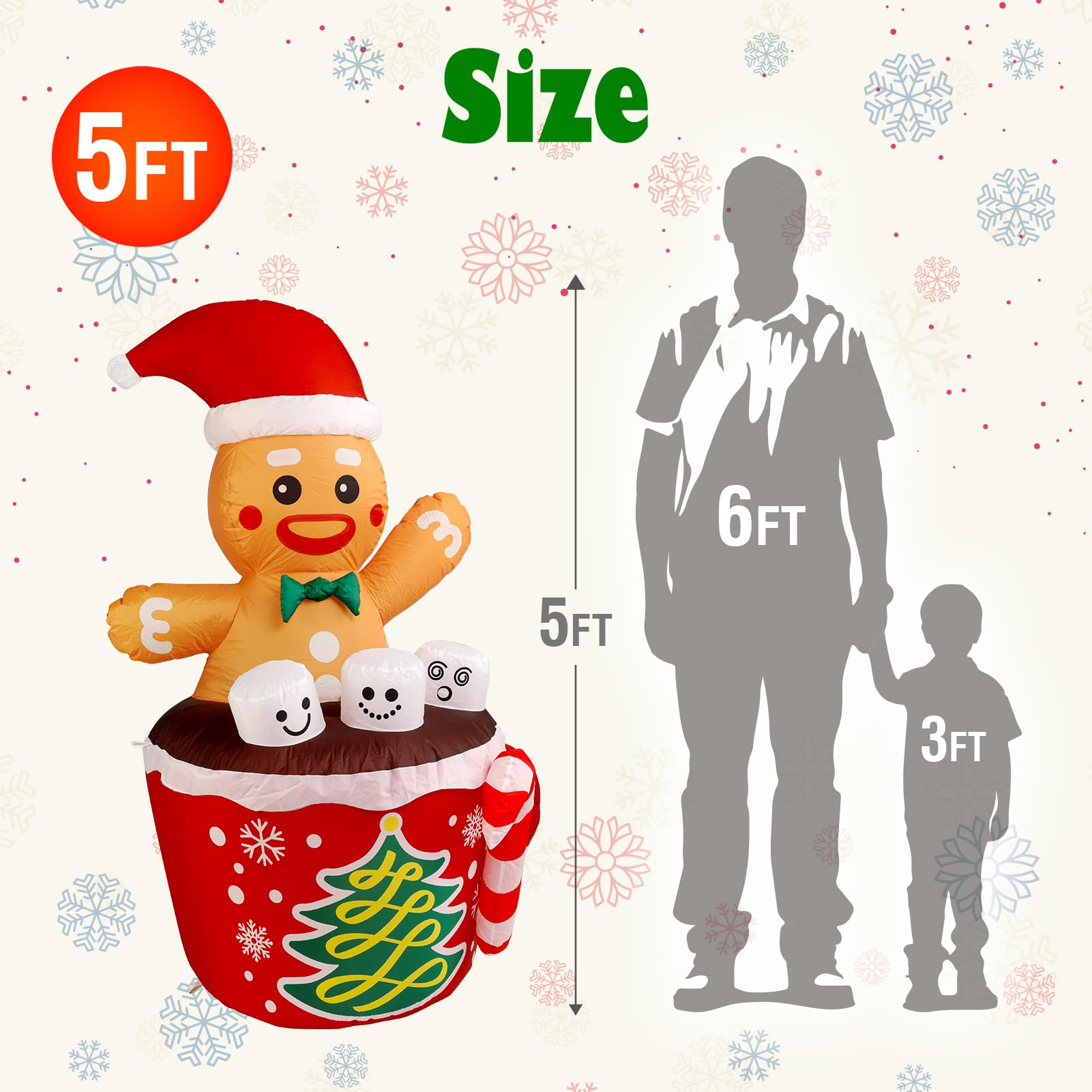 WBHome 5 Ft Christmas Inflatable Gingerbread Man in Cocoa Outdoor Decorations, Xmas Blow Up Yard Decor with Built-in LED Light f