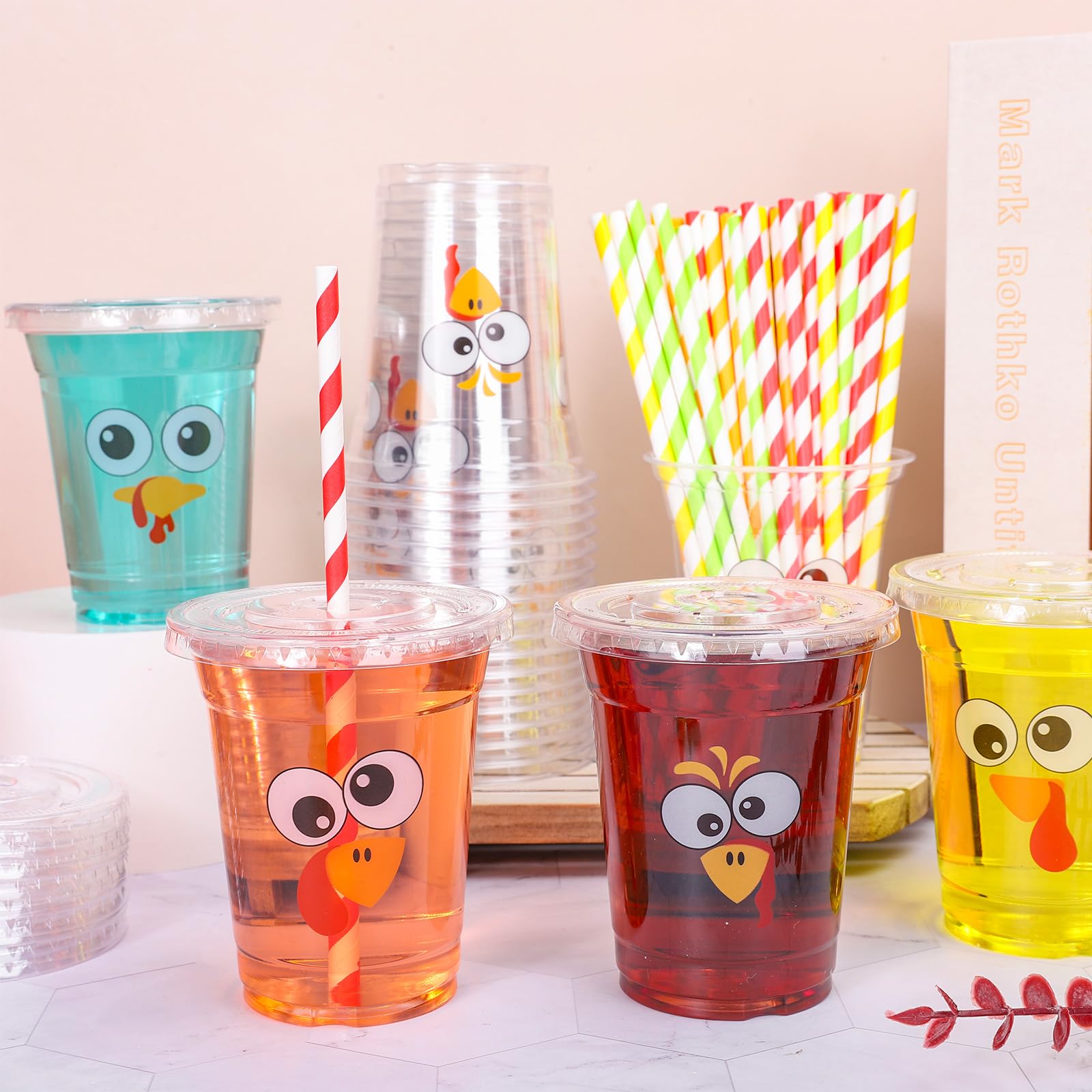 FYSUIMU 100Pcs 12Oz Fall Thanksgiving Plastic Cups with Lids and Straws Funny Cartoon Turkey Expression Cold Beverage Drinking C