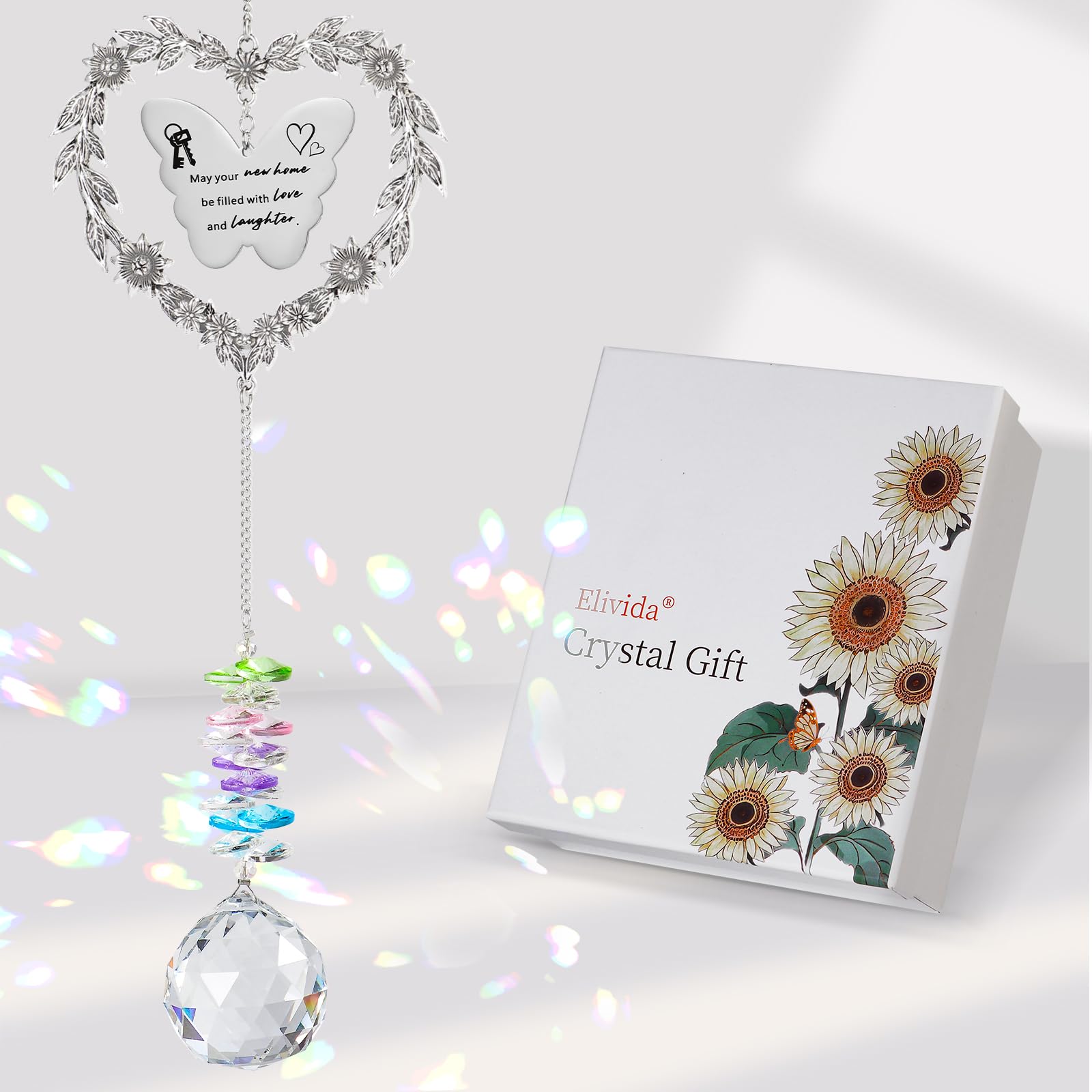 Elivida Housewarming Gift Sun Catcher, New Home Gift Heart-Shaped Wreath Hanging Ornament for Window, Happy New Home Rainbow Mak