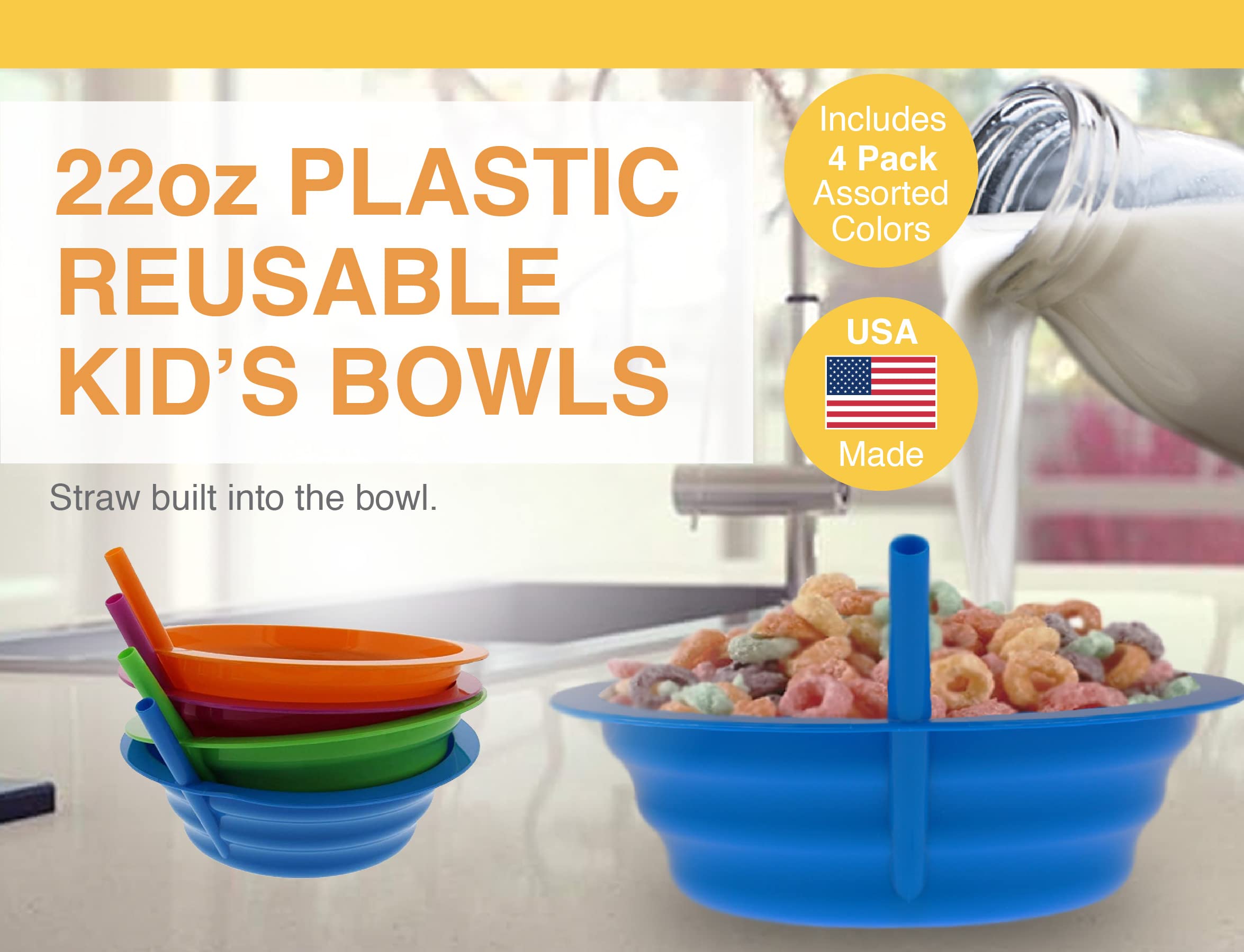 Arrow Home Products Sip-A-Bowl Set, 22Oz, 4Pk - Bpa Free Straw Bowls For Kids To Sip Up Every Drop Without The Mess - Made In Th