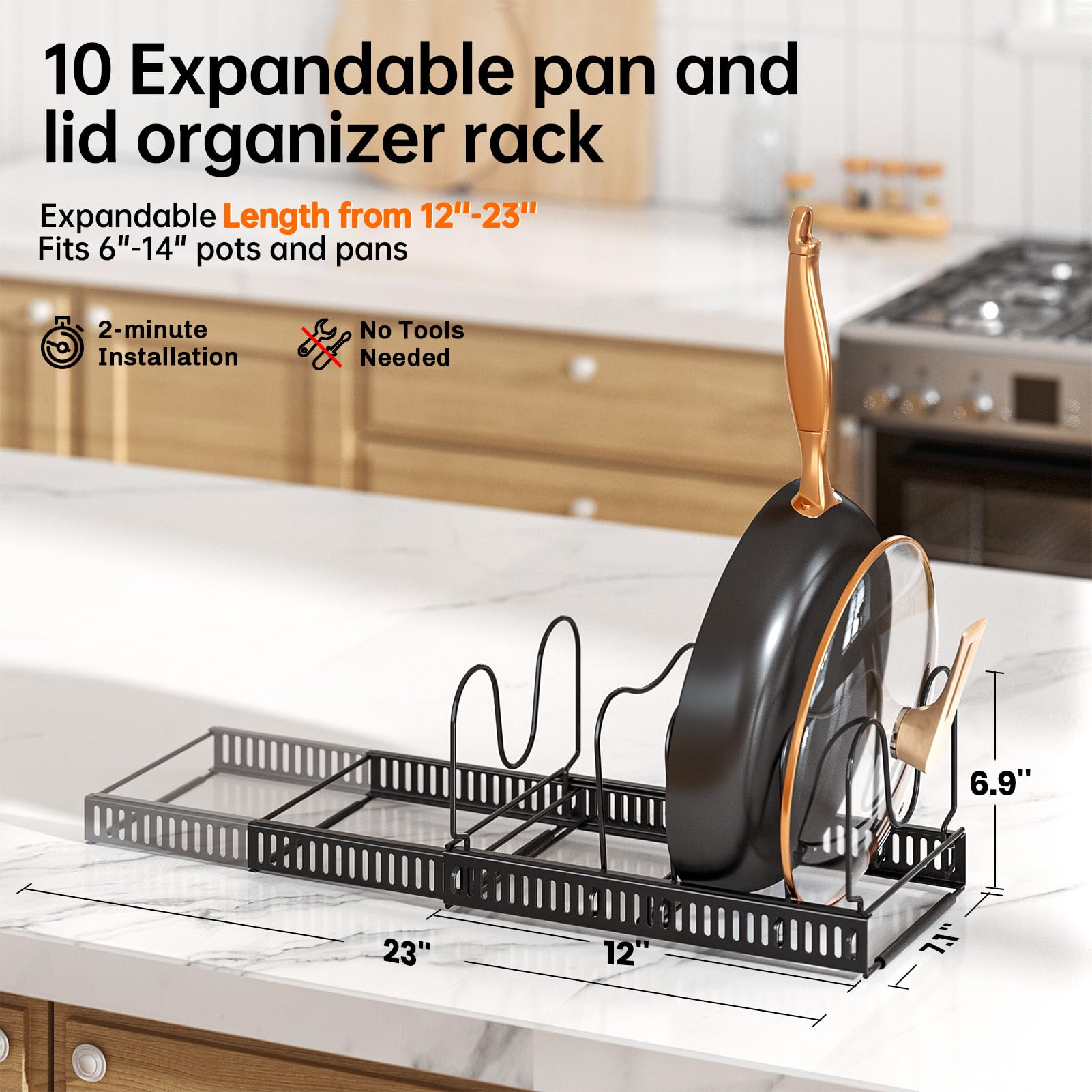 Mudeela Pots And Pans Organizer : Rack For Under Cabinet, Expandable Pot Lid Kitchen Cabinet Organizer Holder With 10 Adjustable