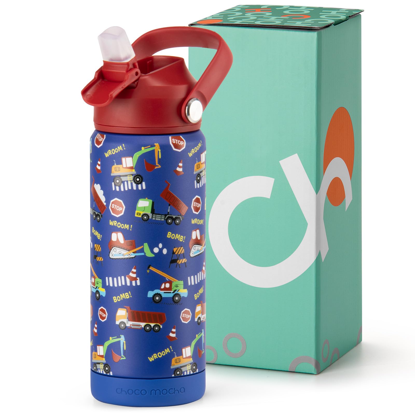 Choco Mocha Kids Water Bottle For School, Kids Insulated Construction Water Bottle Stainless Steel for Girls,18Oz Red & Blue