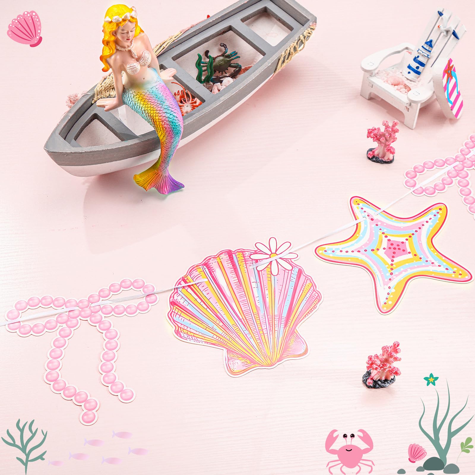 Oudain 2 Pack Pink Bow Seashell Garland 6.56 ft Pink Coastal Christmas Decor Mermaid Seashell Party Coquette Ocean Beach Under T