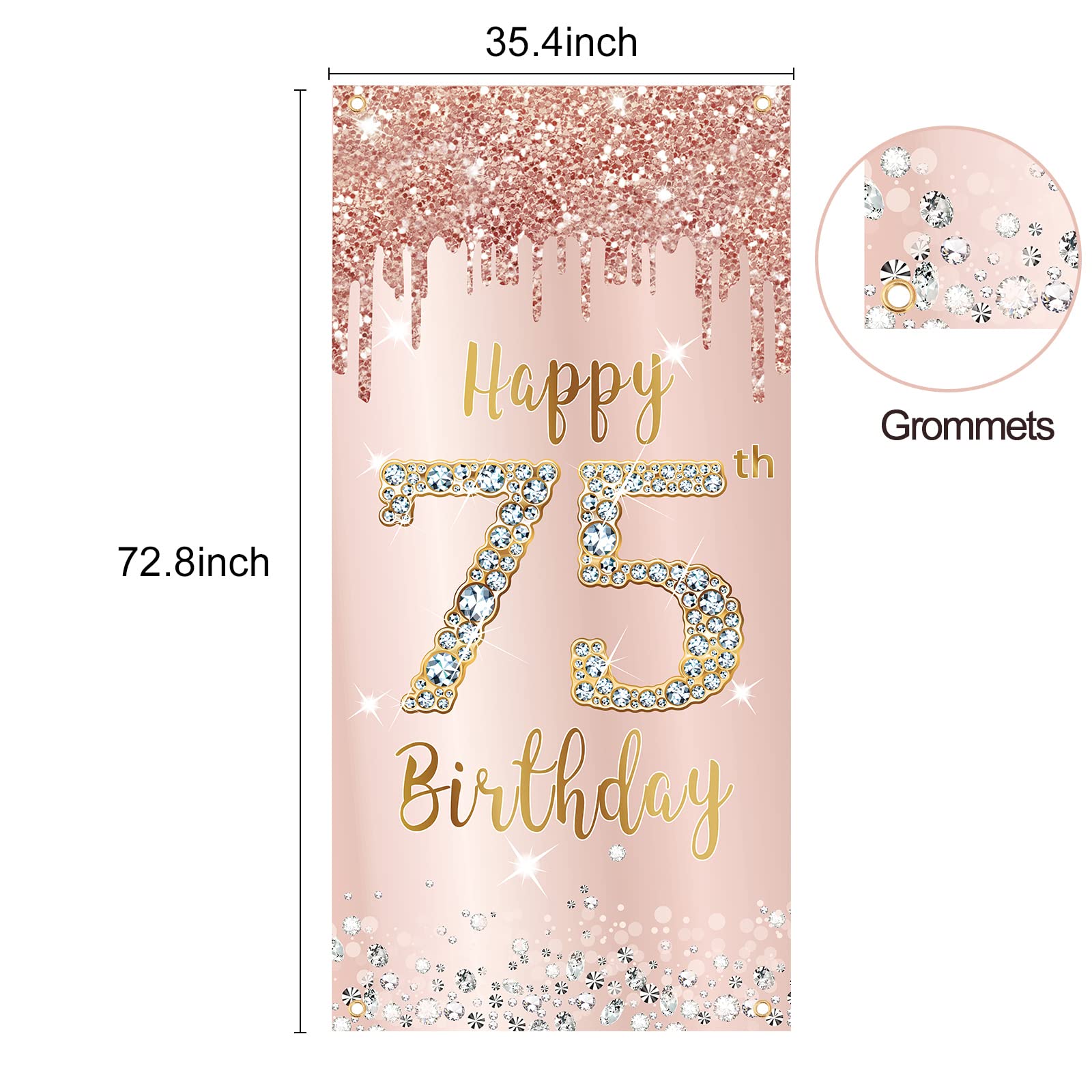 75Th Birthday Decorations Door Banner For Women, Pink Rose Gold Happy 75 Birthday Backdrop Party Supplies, 75 Year Old Birthday