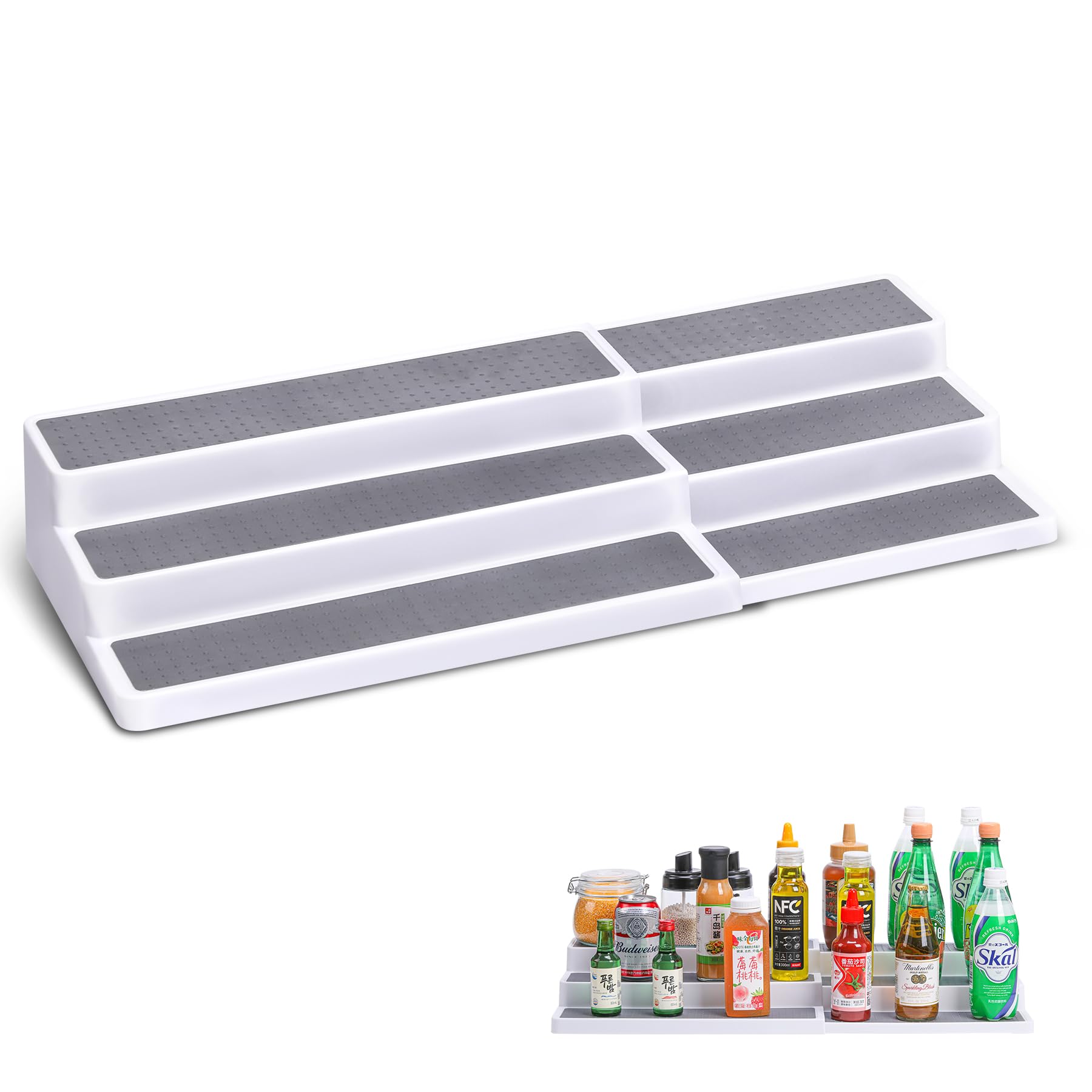 CiWiVOKi 3 Tier Expandable Spice Rack Organizer, Plastic Spice Rack, Adjustable Length 14.6In-25.8In, Non-Skid Tiered Spice Shel
