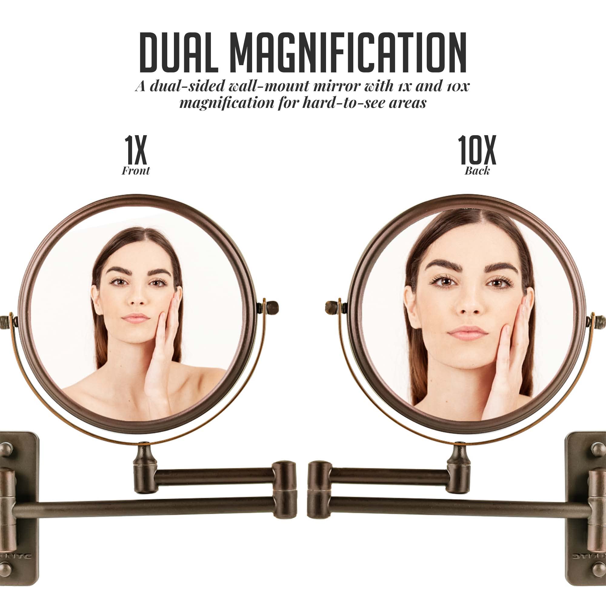OVENTE 7" Double-Sided Wall Mounted Makeup Mirror, 1X/10X Magnification, Antique Bronze, Model MNLFW70ABZ1X10X, 360° Sw