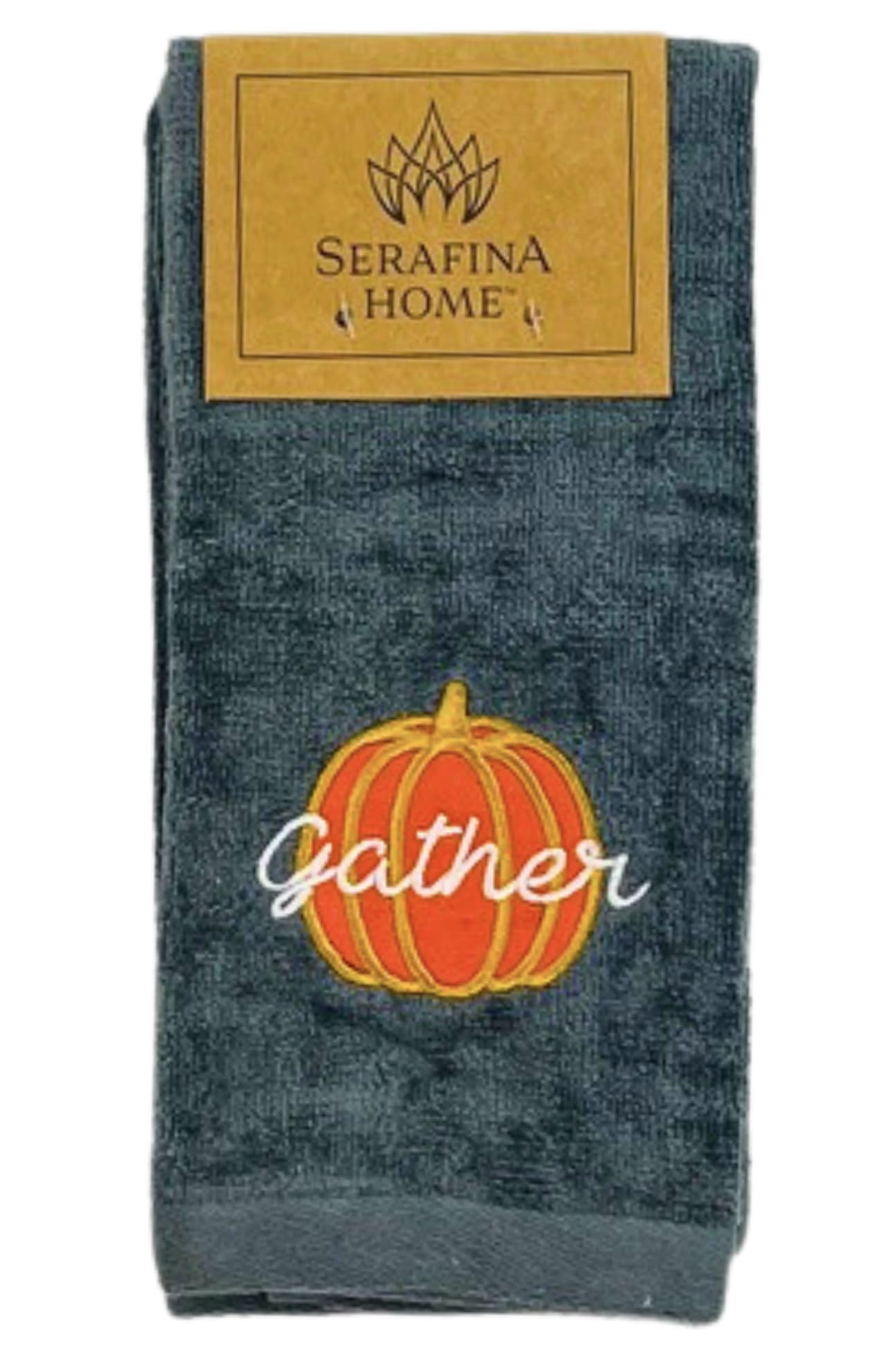 Serafina Home Decorative Fall Decor Fingertip Towels: Embroidered Gather Together Pumpkin On Plush Grey, 2 Piece Set, 11'' X 18'