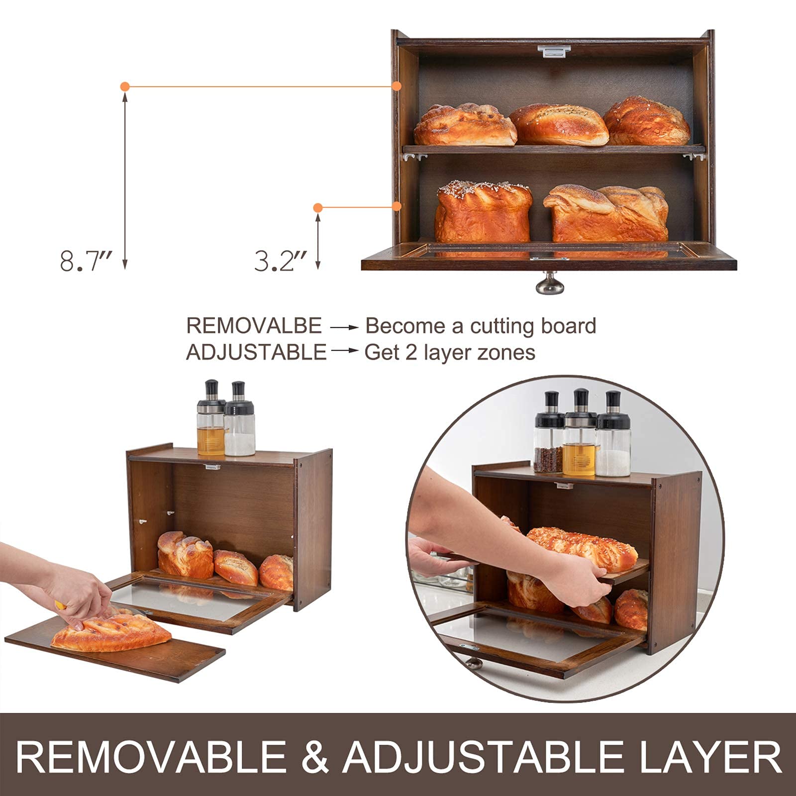 Worthyeah Bamboo Bread Box For Kitchen Countertop, Wooden Bread Storage Box With Transparent Window, 2-Layer Large Capacity Brea
