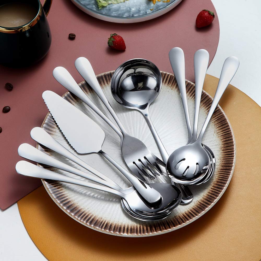 10-Piece Serving Flatware Silverware Set Stainless Steel Serving Utensil Set Include Slotted Serving Spoon  Serving Spoon  Cake Server  Serving Fork  Soup Ladle (Silver)