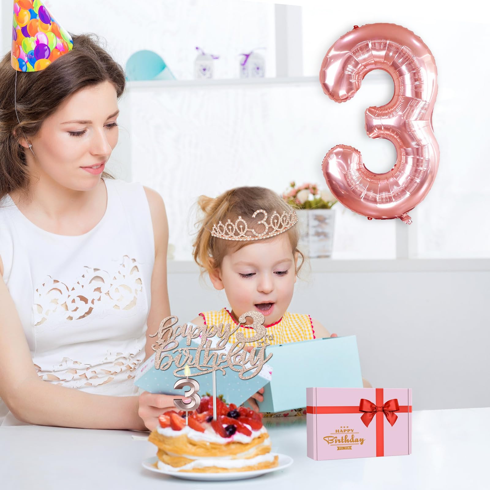 3Rd Birthday Decorations For Girls, Including 3Rd Birthday Sash And Tiara, Number 3 Candles And Cake Toppers, Rose Gold Numeral