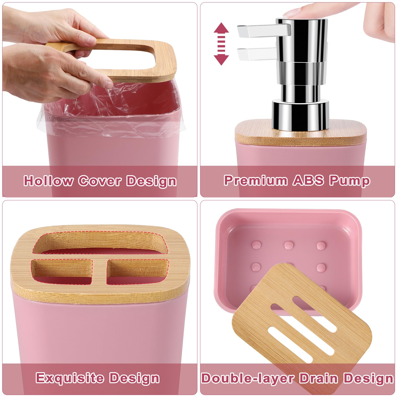 Bathroom Accessories Set, 9 Piece Pink Bathroom Decor Sets With Trash Can,Toothbrush Holder,Toothbrush Cup,Lotion Soap Dispenser