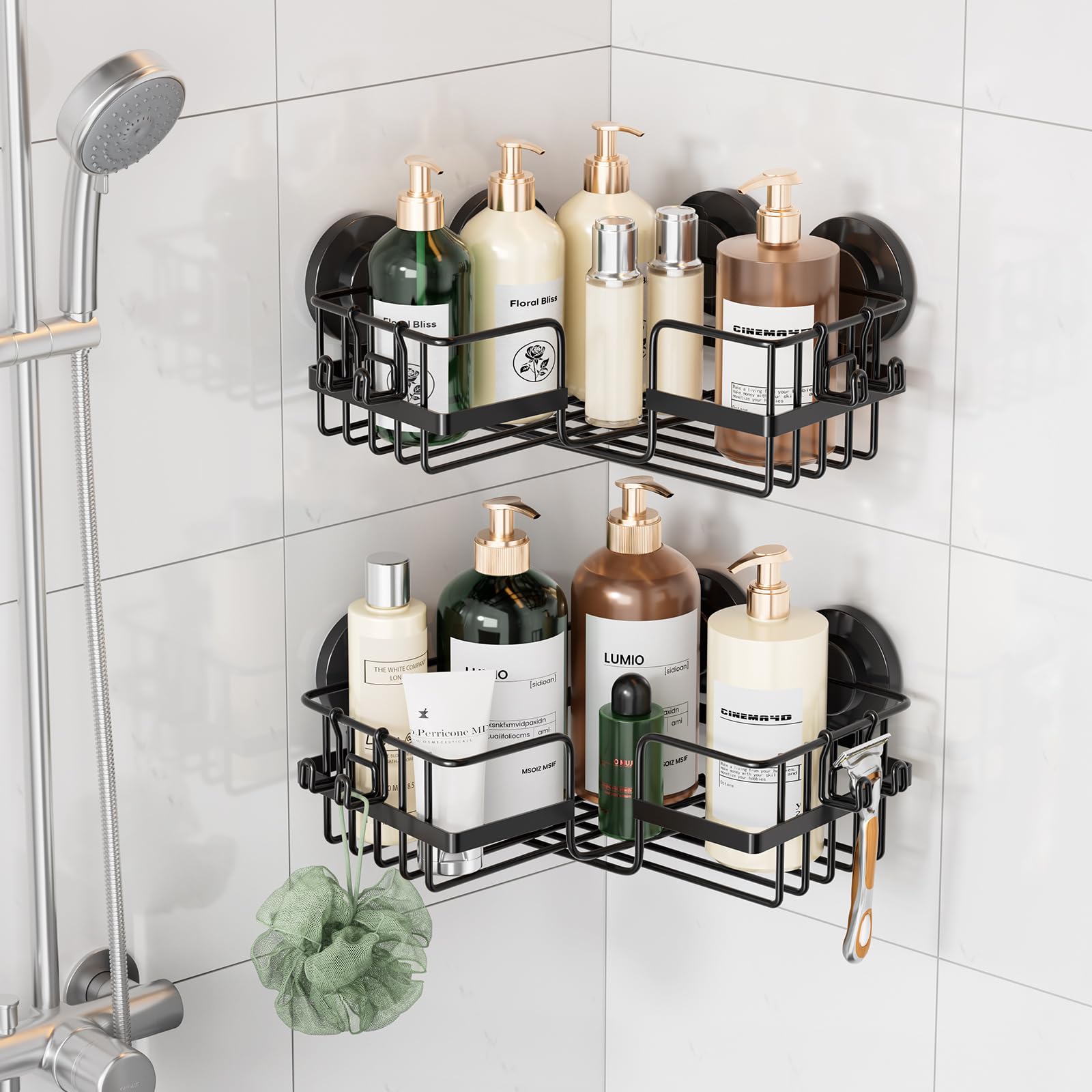 LEVERLOC 2 Pack Corner-adaptive Suction Cup Shower Caddies, Drill-Free Wall Mounted Basket, Stainless Steel Rustproof Corner Sho