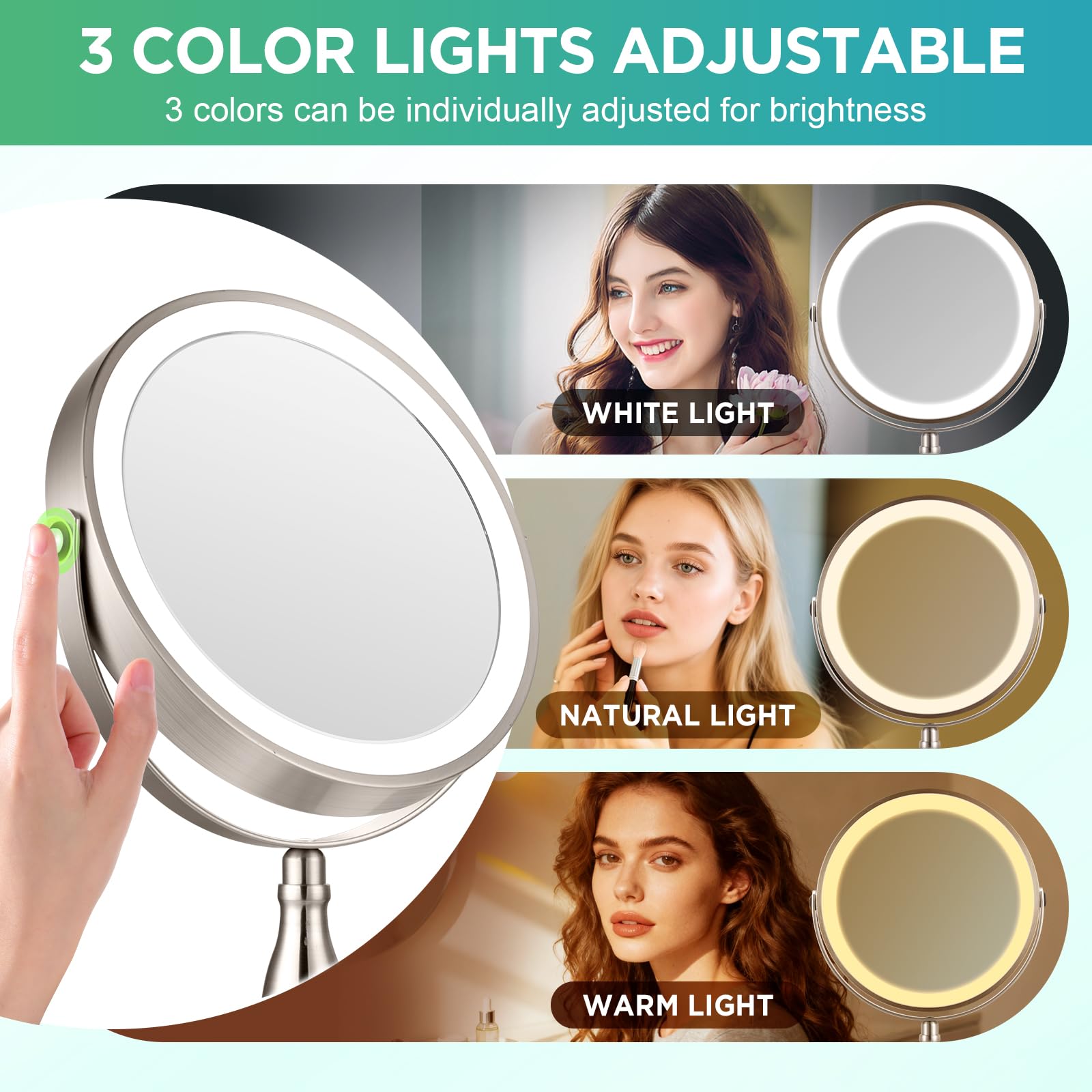 DASLAVA 20x Magnifying Mirror with Light, Lighted Makeup Mirror with 3 Color Modes and Adjustable Brightness, Side Charging Port