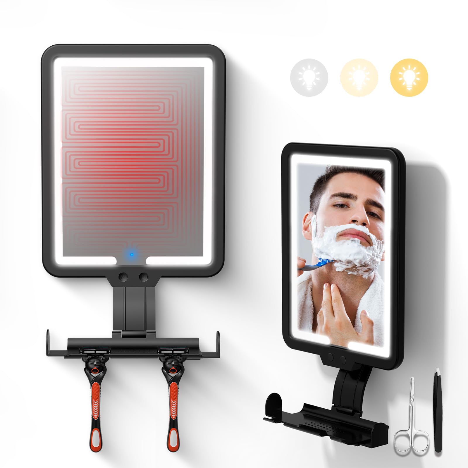Heated Anti-Fog Shower Shaving Mirror,9.5*8 Inch Led Shower Mirror Fogless For Shaving With 3 Color Modes,Dimmable Shaving Mirro