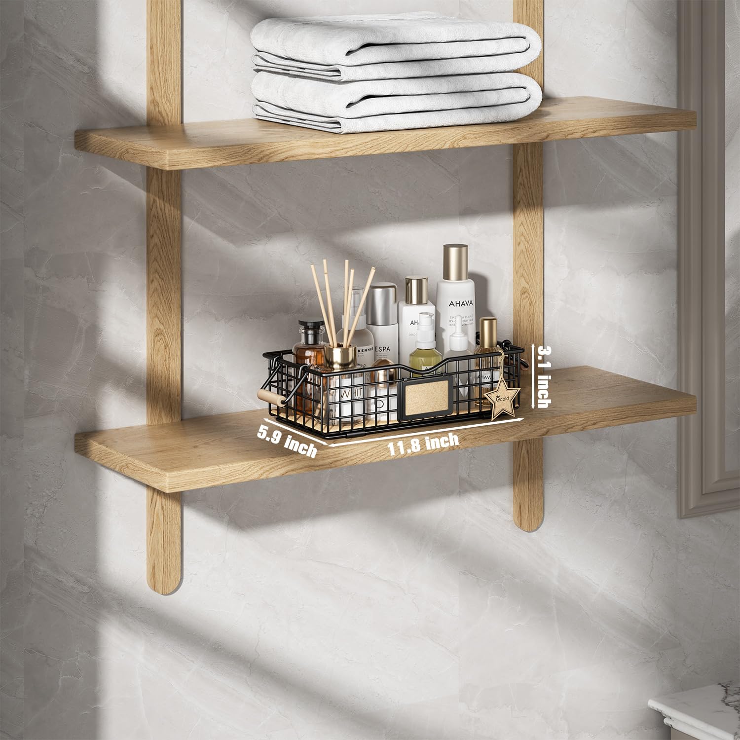 Qcold Metal Wire Basket Storage  Bathroom Basket for Organizing  Bathroom Counter Organizer with Wooden Handles  Farmhouse Bathroom Decor Tray  Toilet Paper Basket Storage (Small  Black)