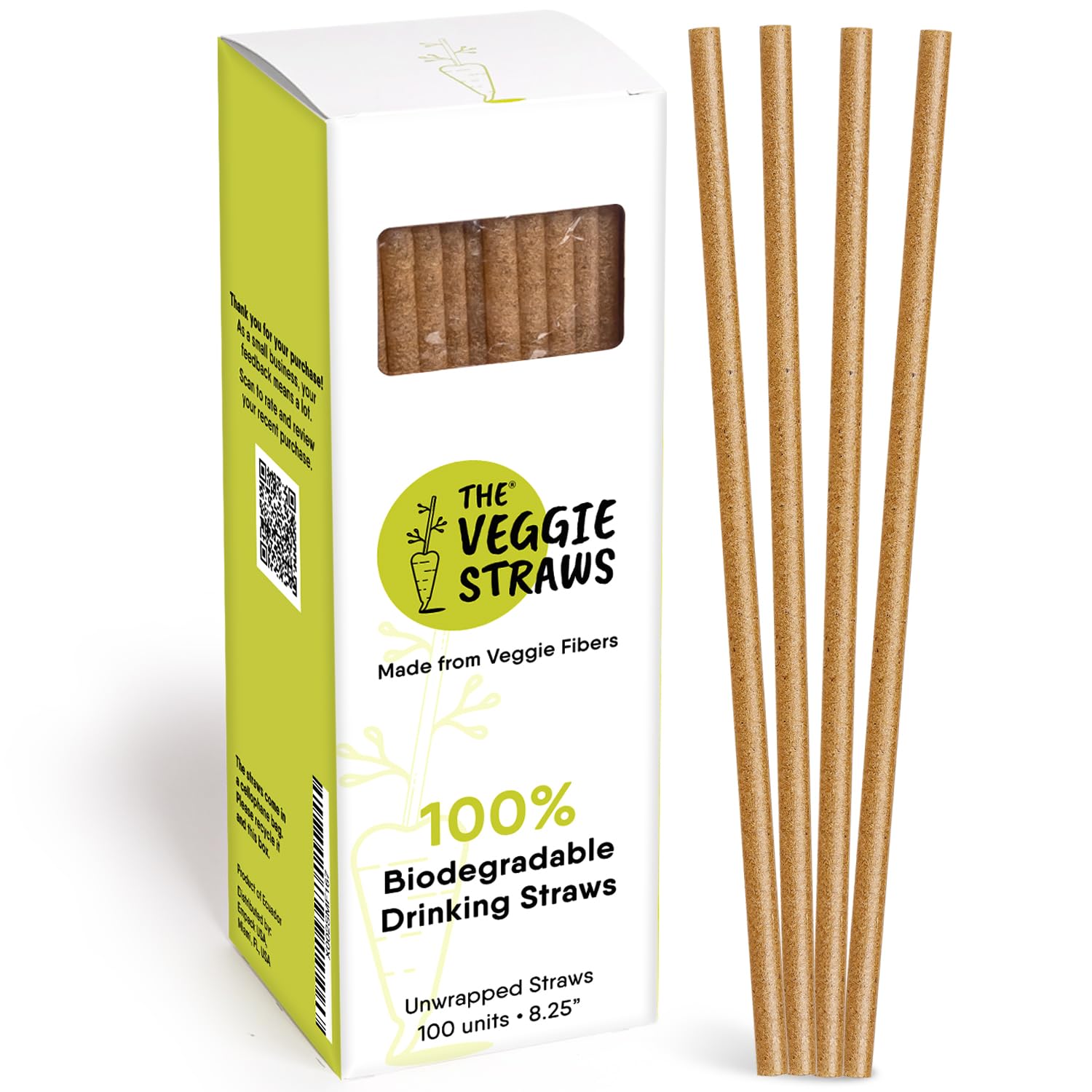 The Veggie Straws - 100 Pcs Of 8.25 Inches Unwrapped Biodegradable Straws - Made Of Vegetable Fibers, Best Environment Friendly