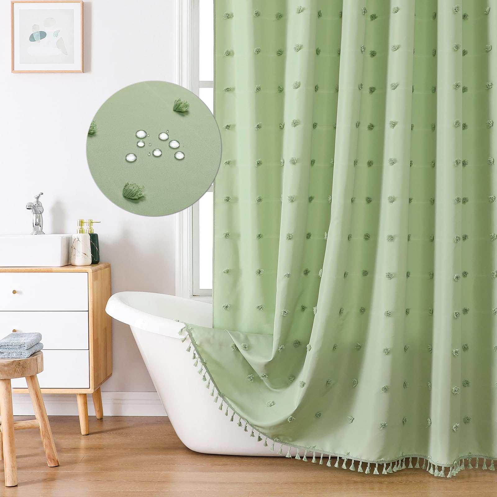 Boho Farmhouse Sage Green Fabric Shower Curtain, 72X78 Tufted Pleat Floral Puffs Textured Tassel Cute Rustic Vintage Shower Curt