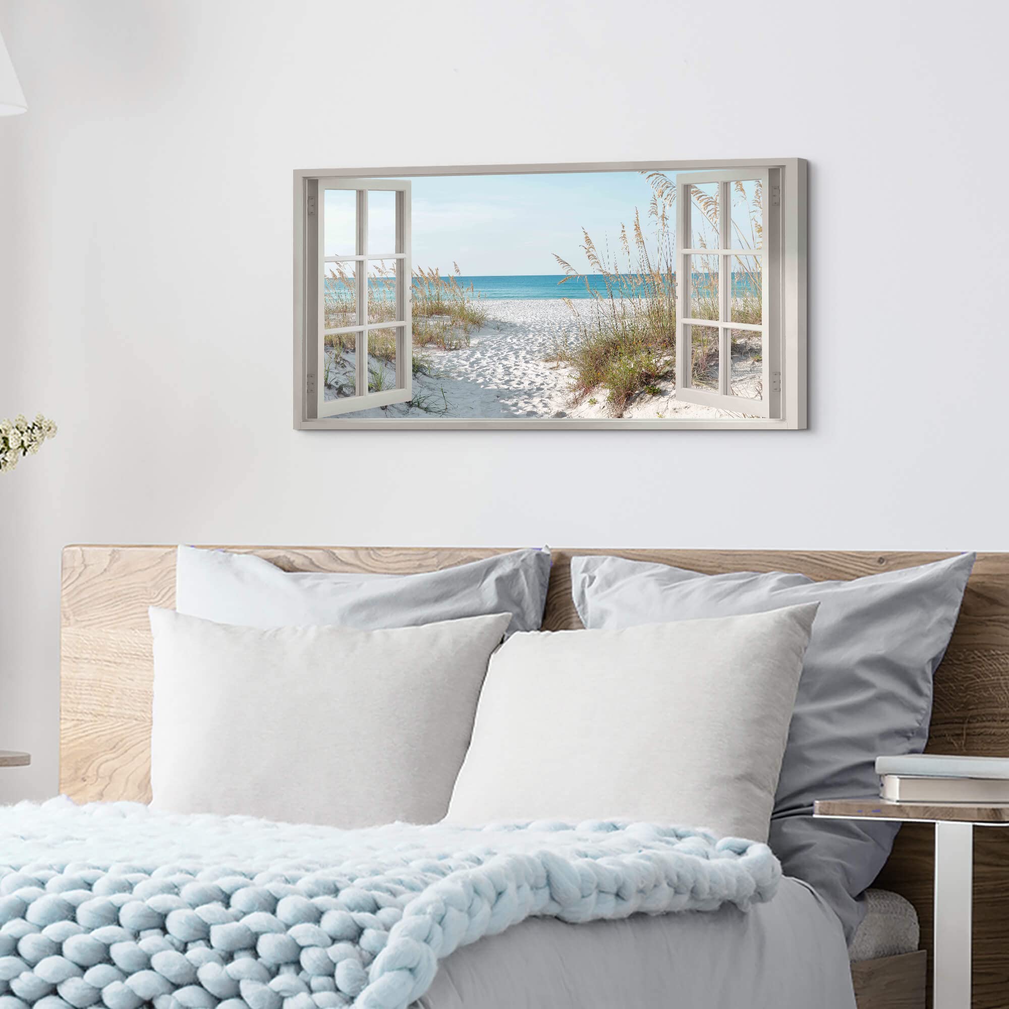 Beach Window Wall Art Canvas: Relaxing Bedroom Living Room Blue Ocean Coastal Scene Picture Modern Tropical Sea Landscape Painti